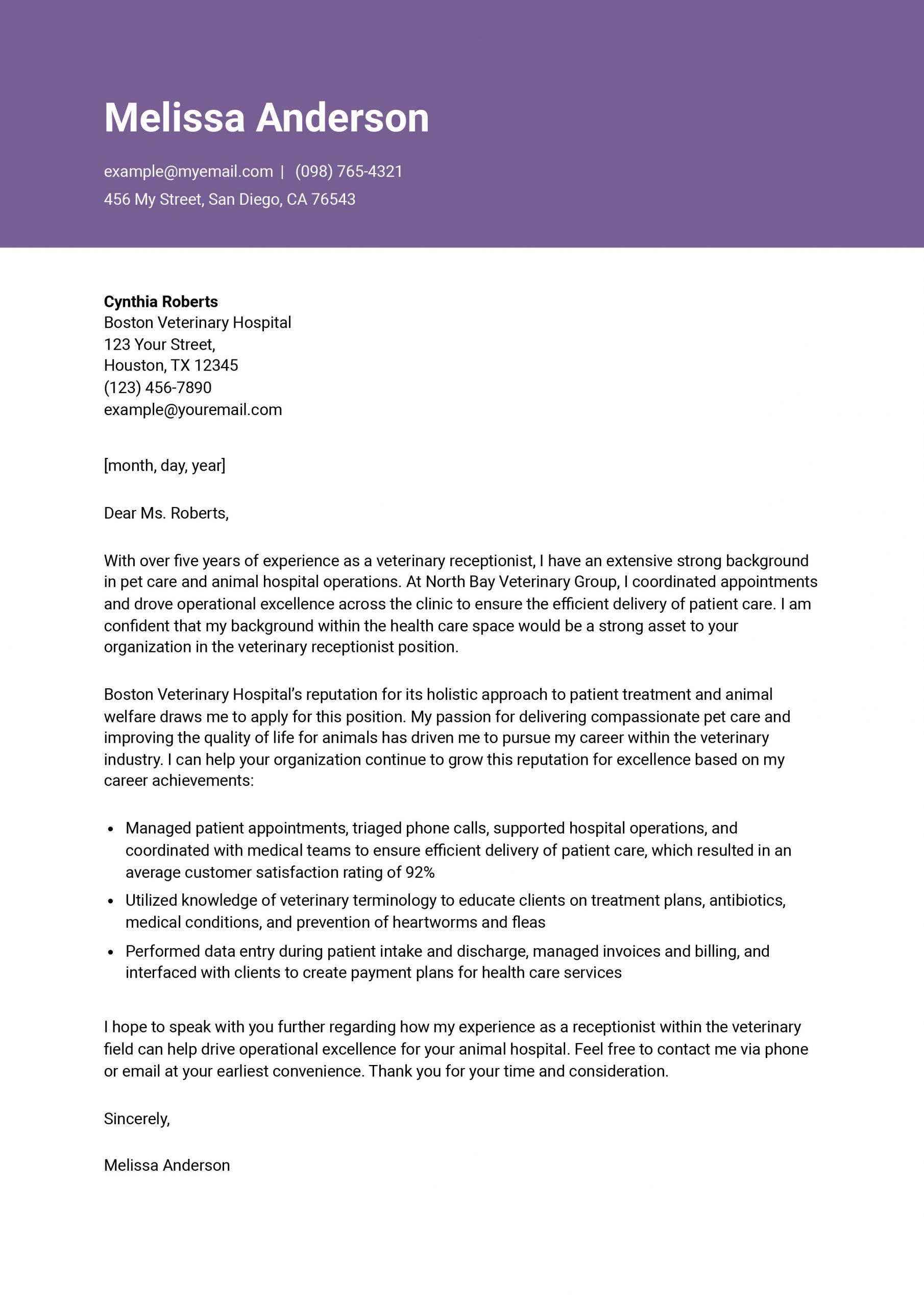 Veterinary Receptionist Cover Letter Examples and Templates for 2025