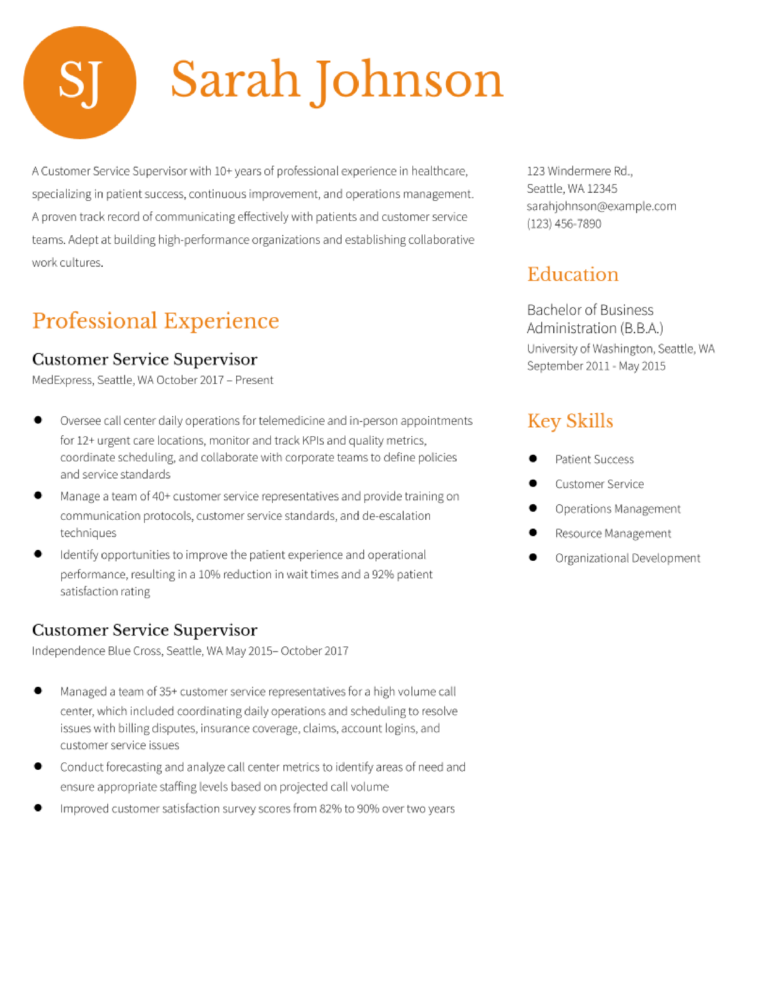 Customer Service Supervisor Resume Example and Template