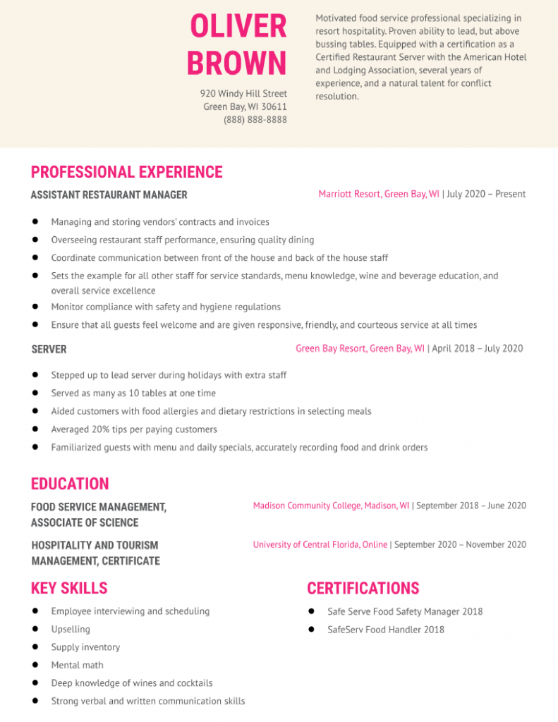 Food Services Resume Example