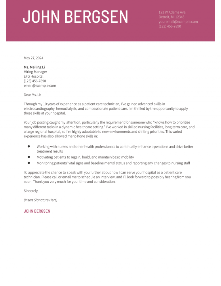 Patient Care Technician Cover Letter Examples and Templates for 2024