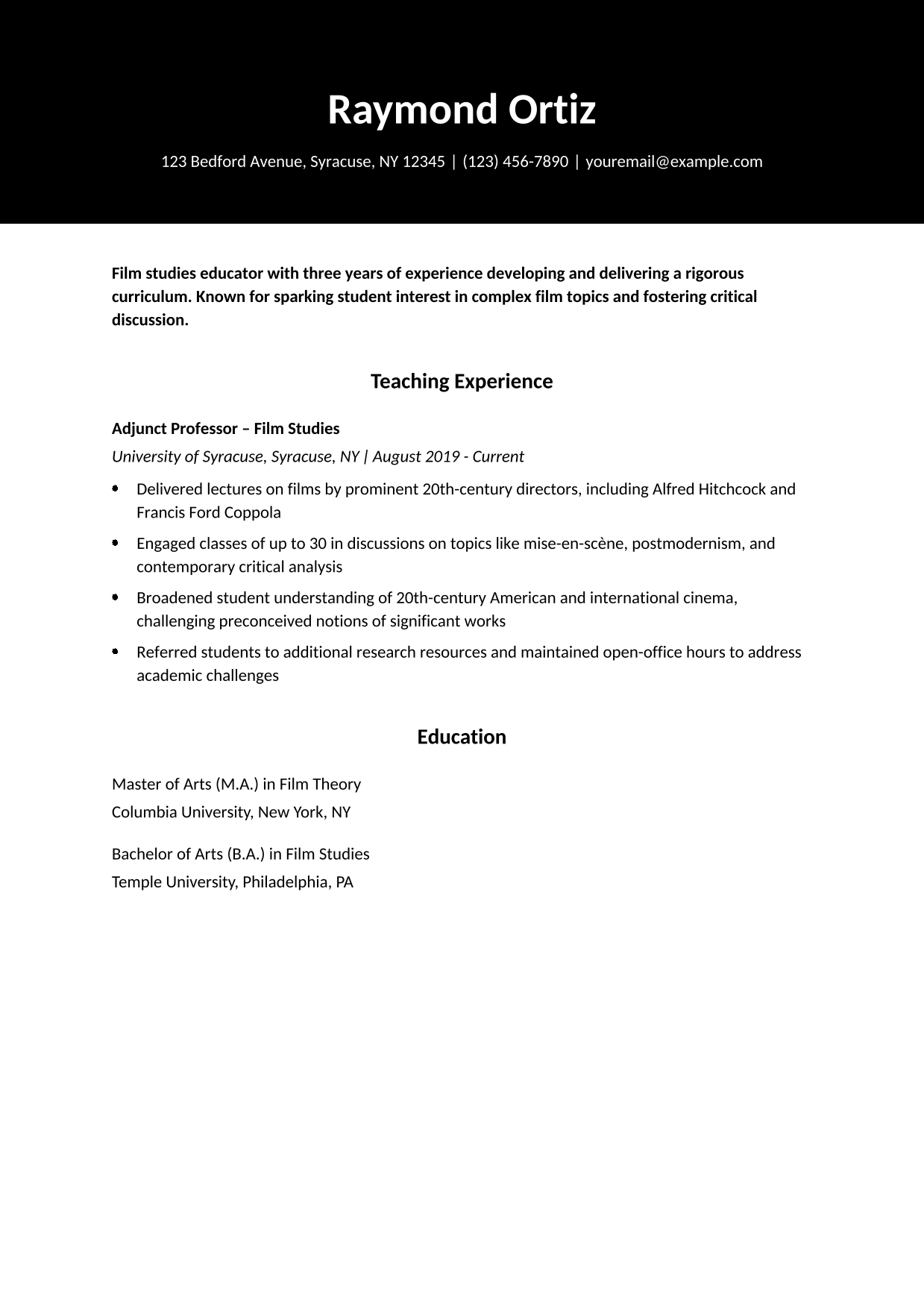 Professor Resume Example