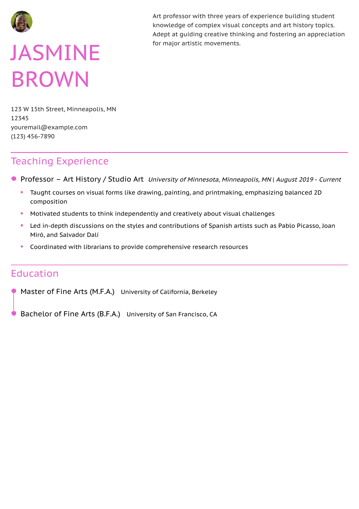 Art History Professor Resume Example
