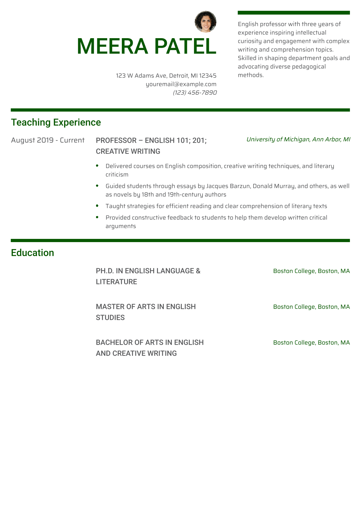 College Professor Resume Example