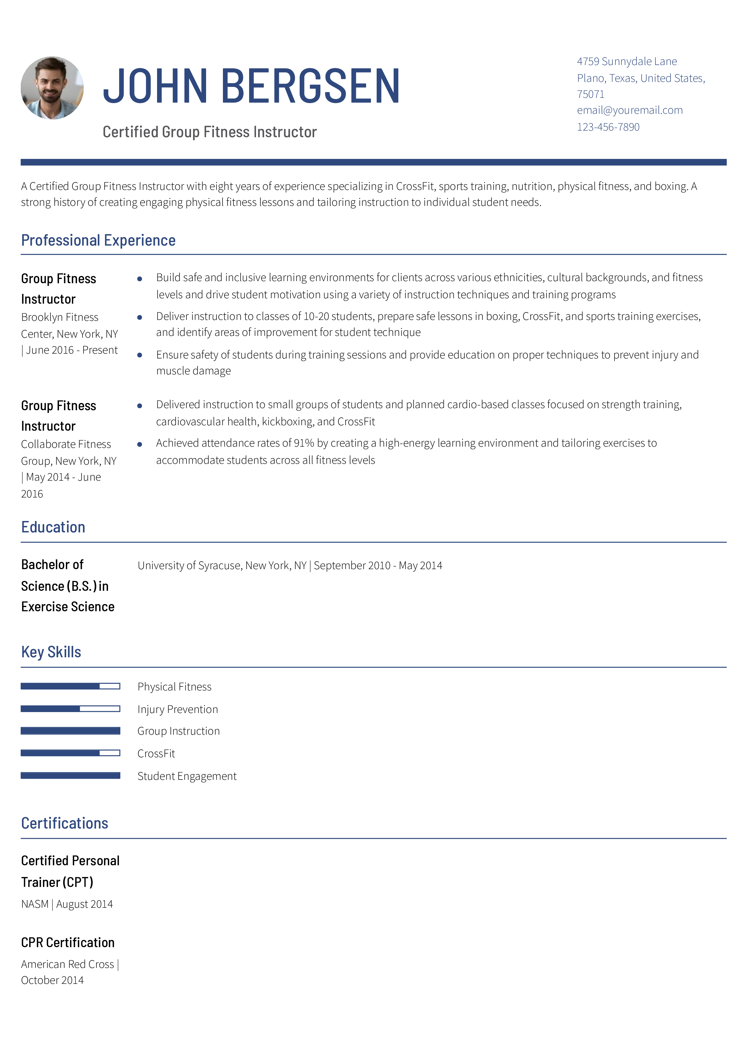 Group Fitness Instructor Resume Example