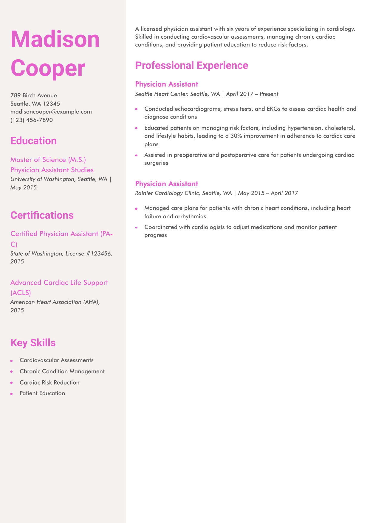Cardiology Physician Assistant Resume Example