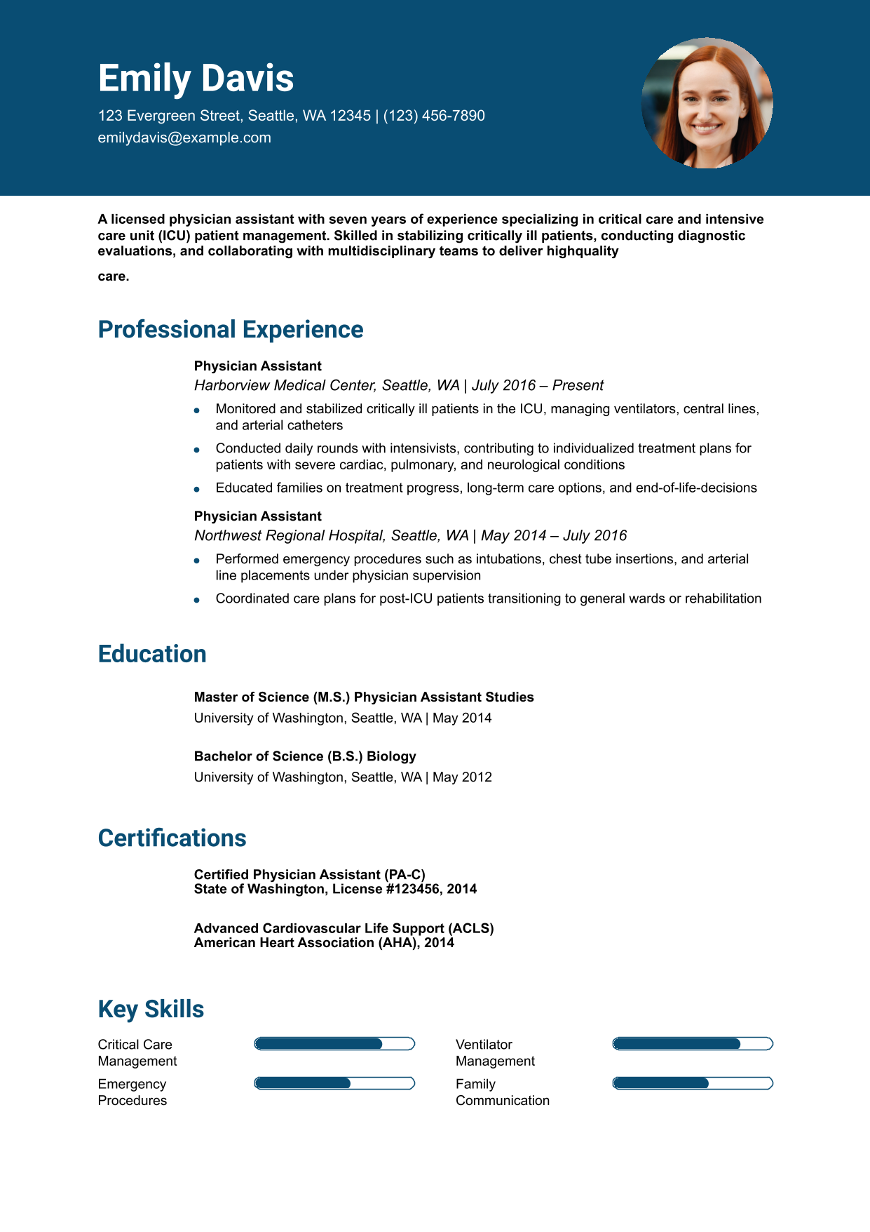 Critical Care Physician Assistant Resume Example