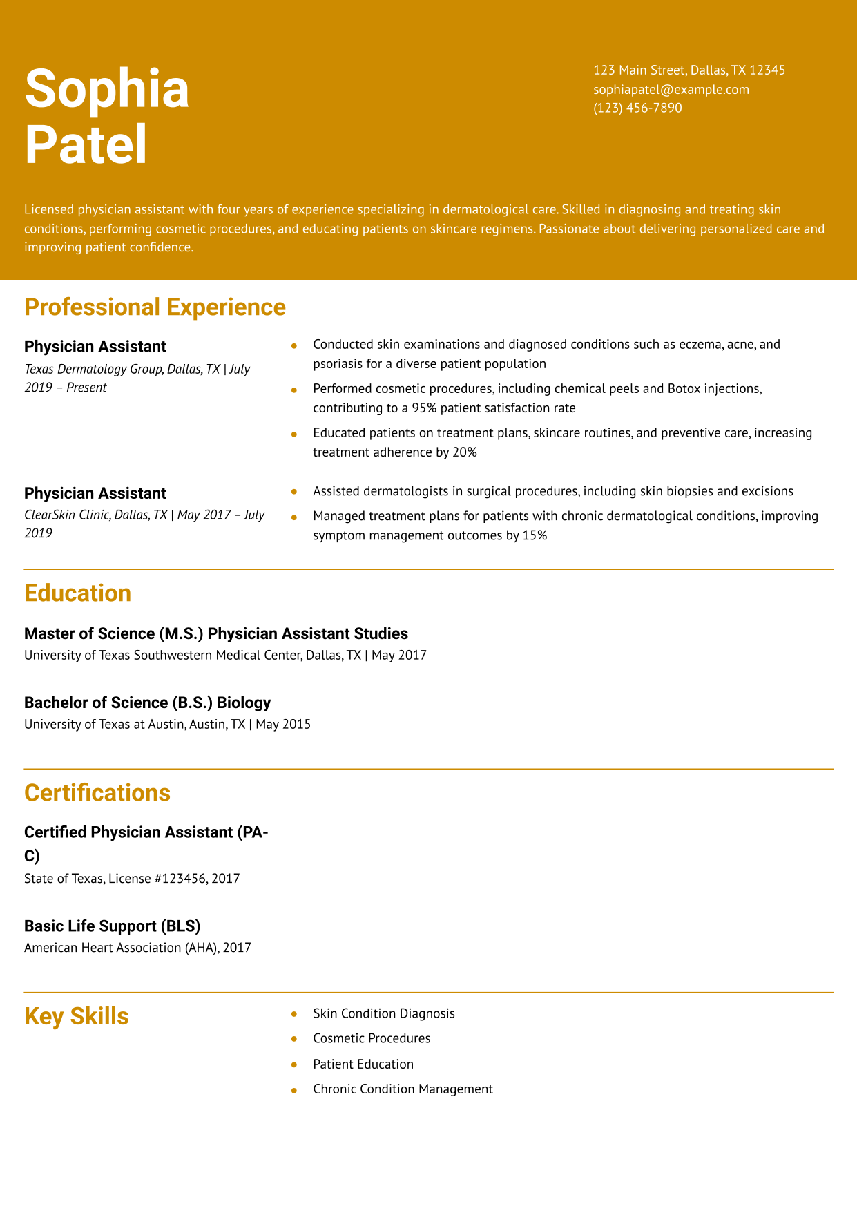 Dermatology Physician Assistant Resume Example