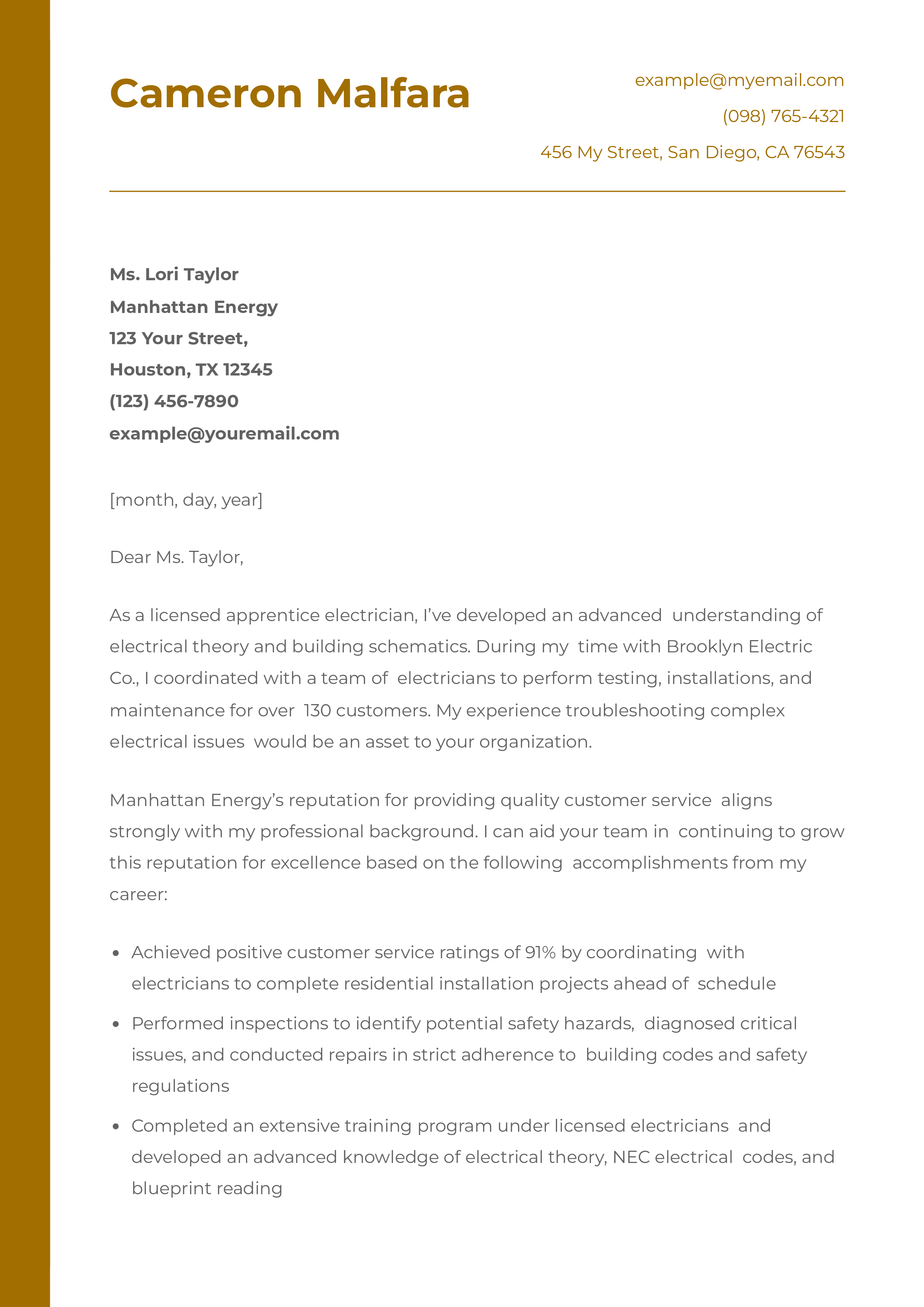 Mid-Career Electrician Apprentice Cover Letter