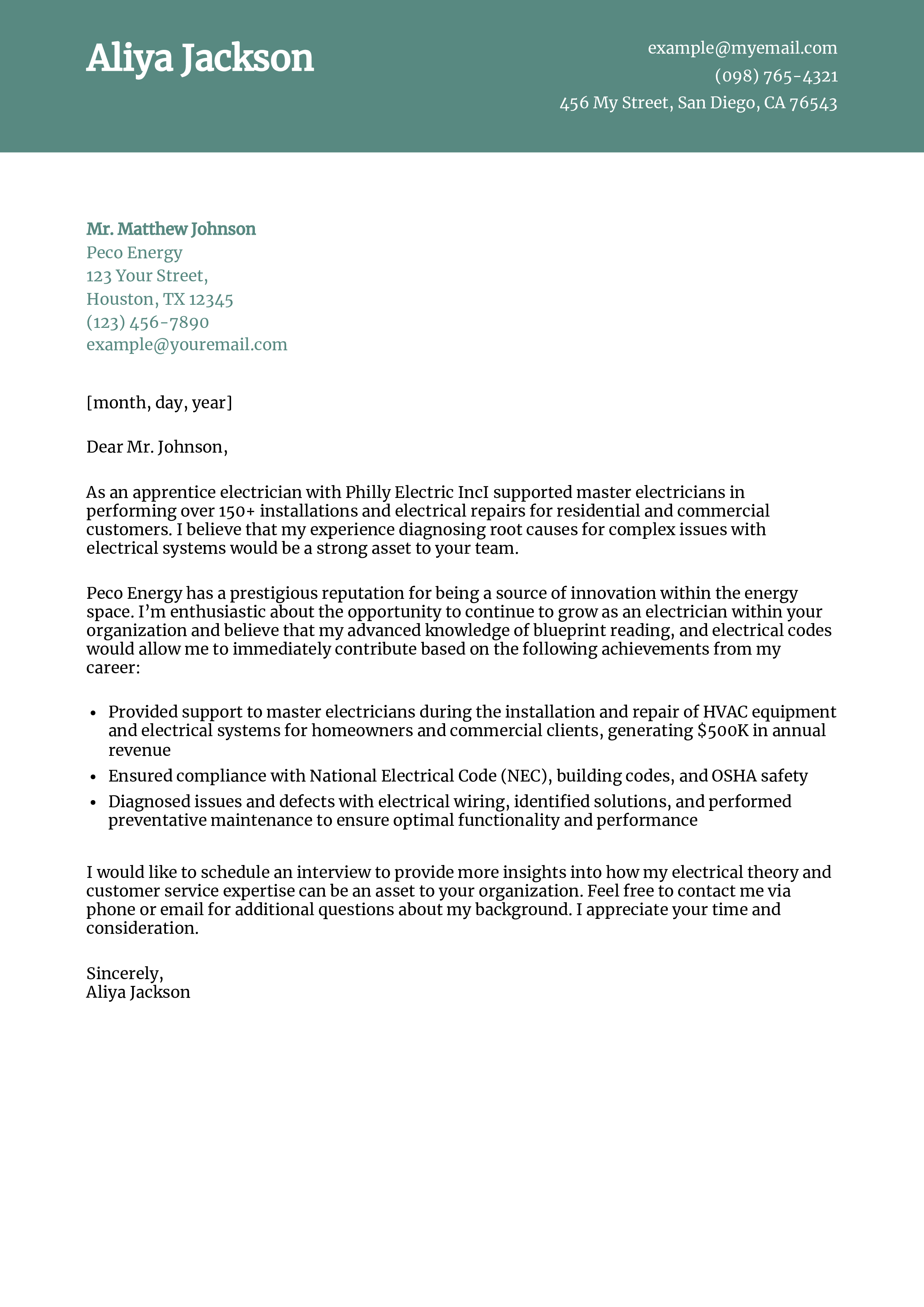 Results-driven Electrician Apprentice Cover Letter