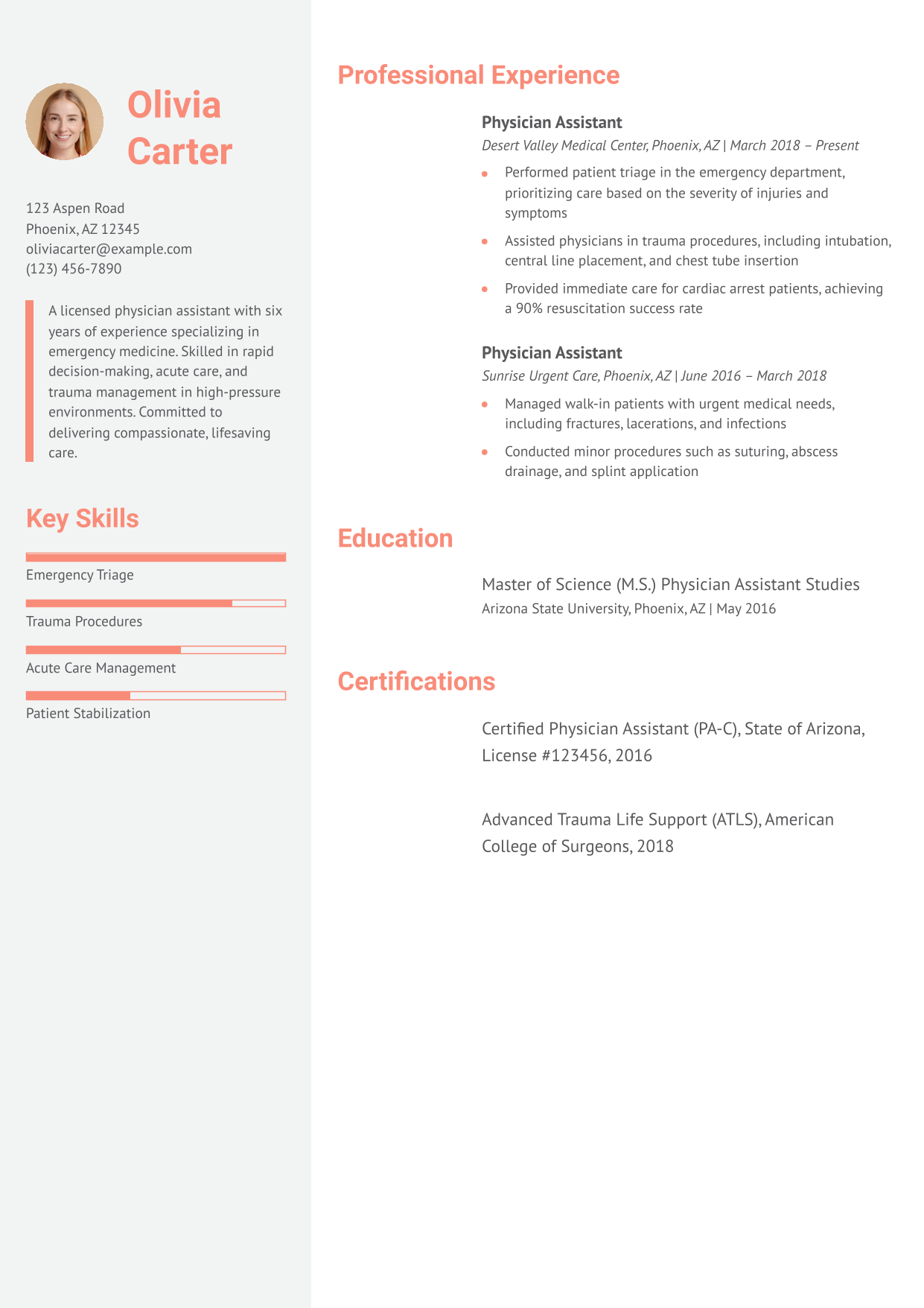 Emergency Medicine Physician Assistant Resume Example