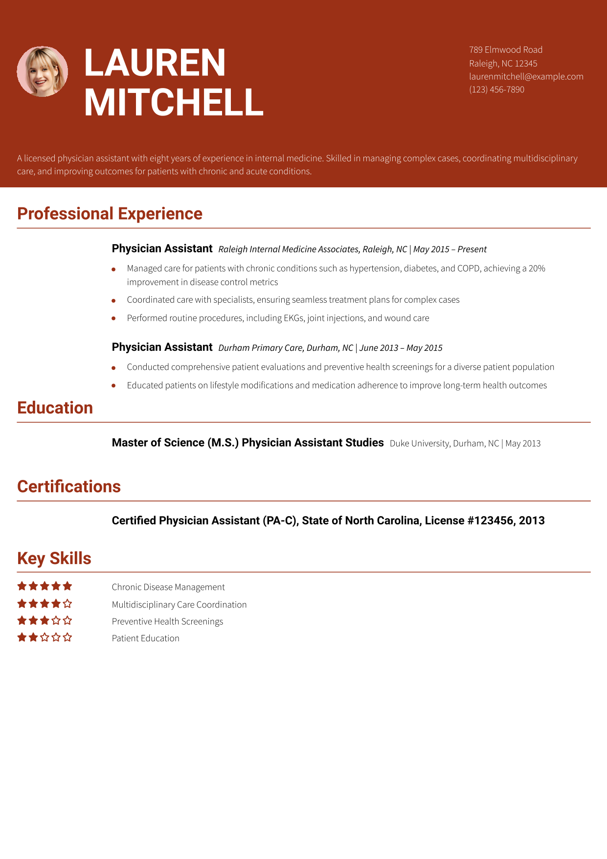 Internal Medicine Physician Assistant Resume Example