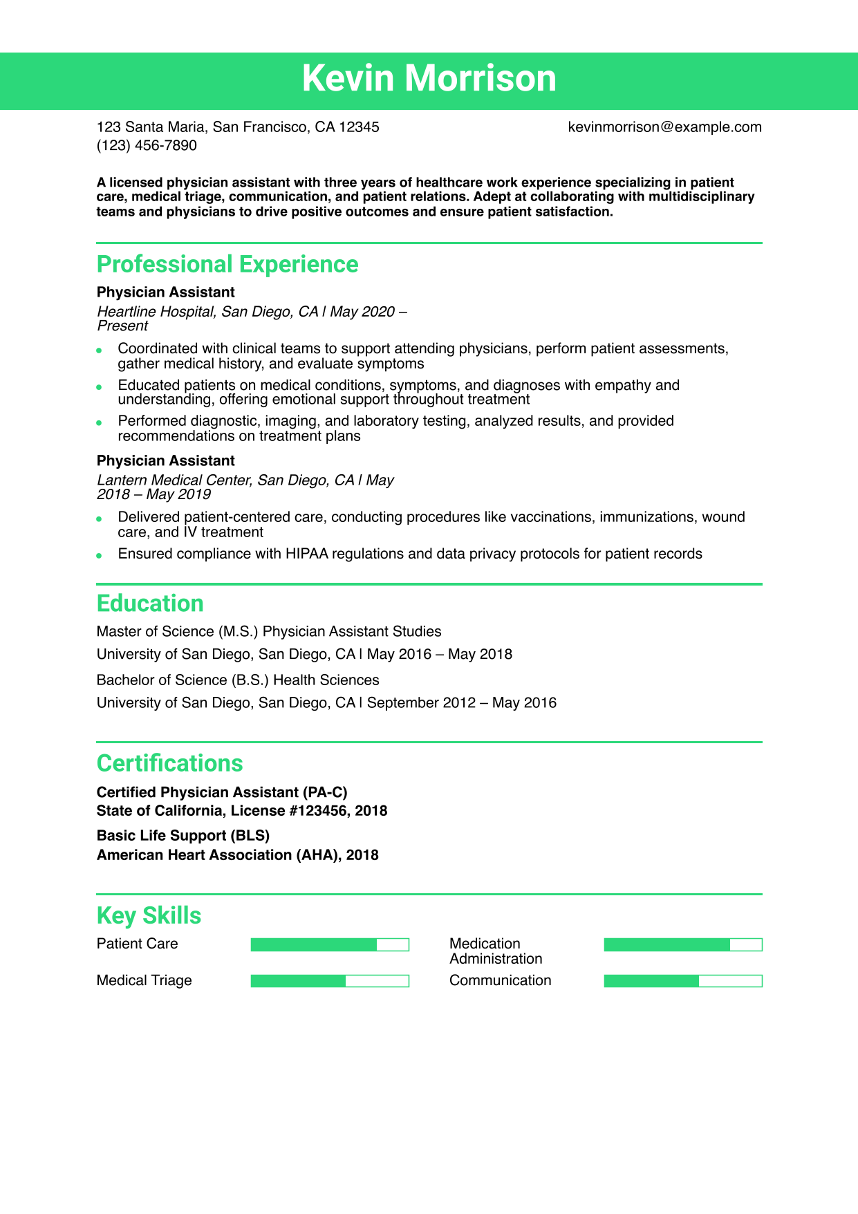 Physician Assistant Resume Example