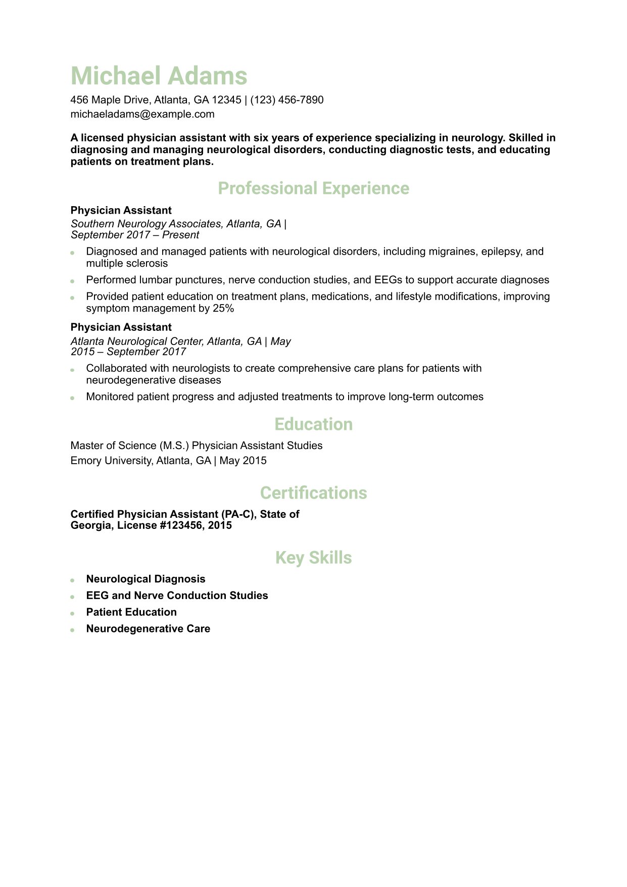 Neurology Physician Assistant Resume Example