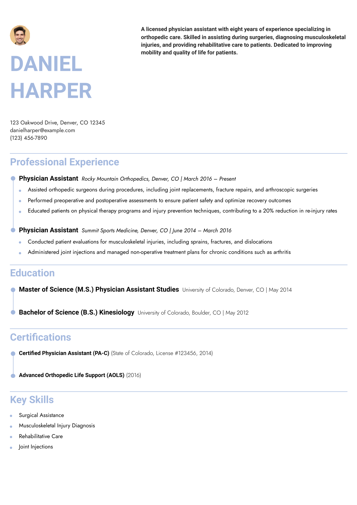 Orthopedic Physician Assistant Resume Example