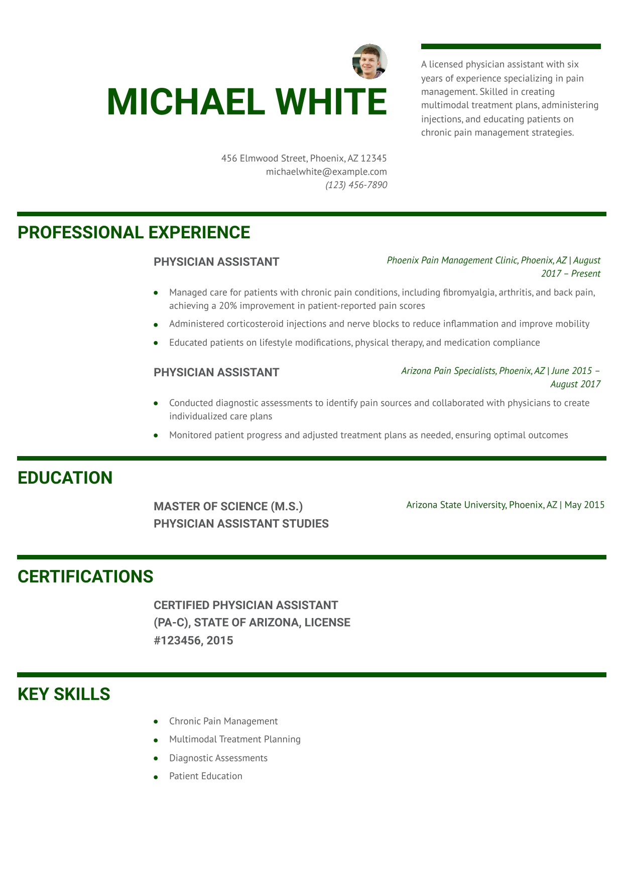 Pain Management Physician Assistant Resume Example