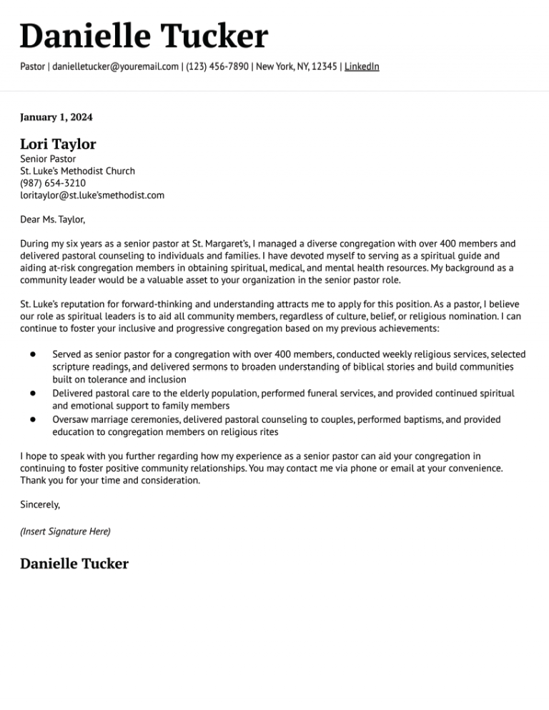 Pastor Cover Letter Examples and Templates for 2024