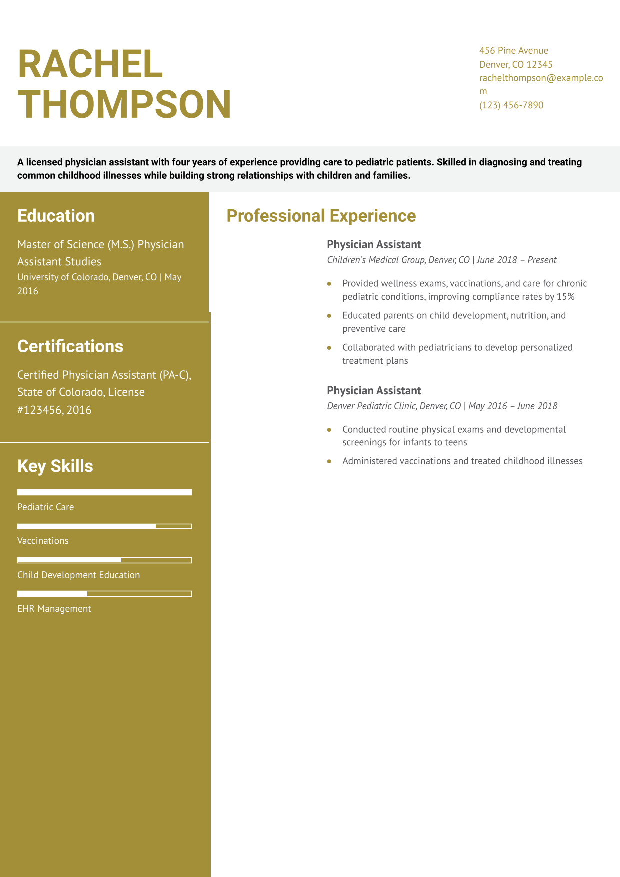 Pediatric Physician Assistant Resume Example
