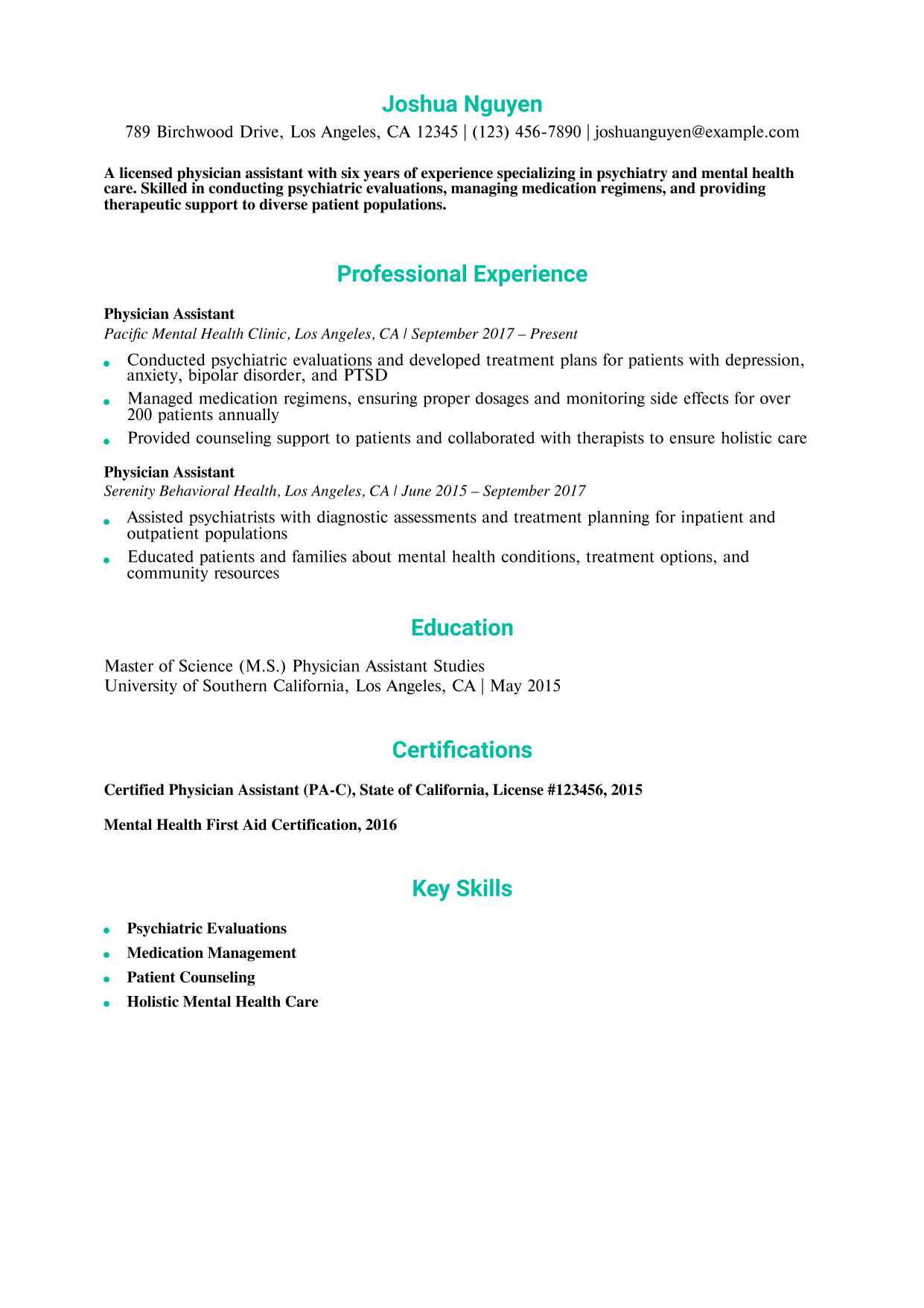 Psychiatry Physician Assistant Resume Example