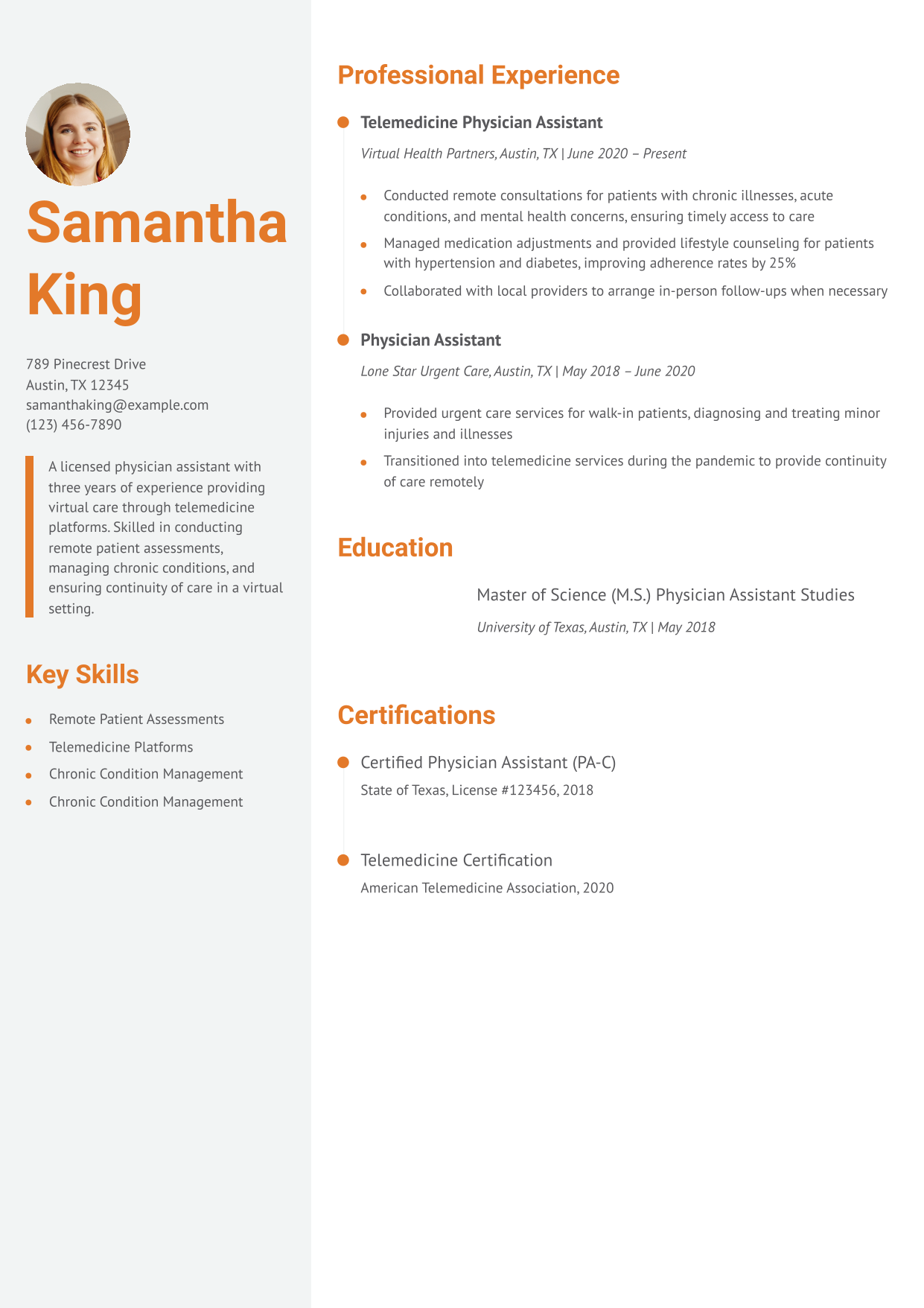 Remote Telemedicine Physician Assistant Resume Example