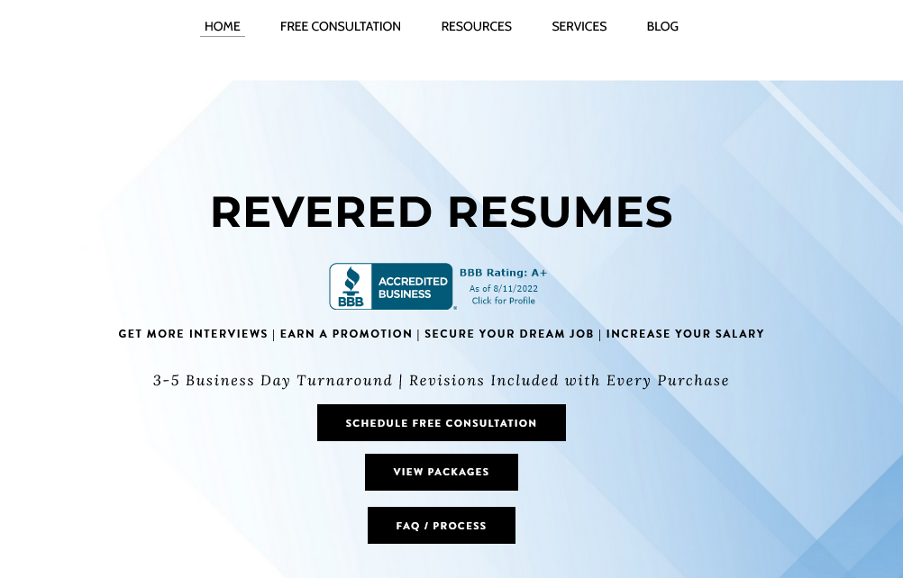 Revered Resumes Landing Page