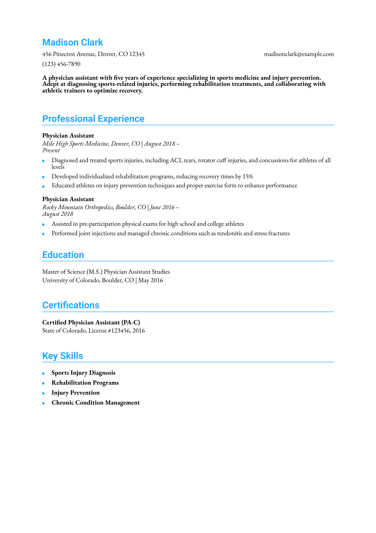 Sports Medicine Physician Assistant Resume Example