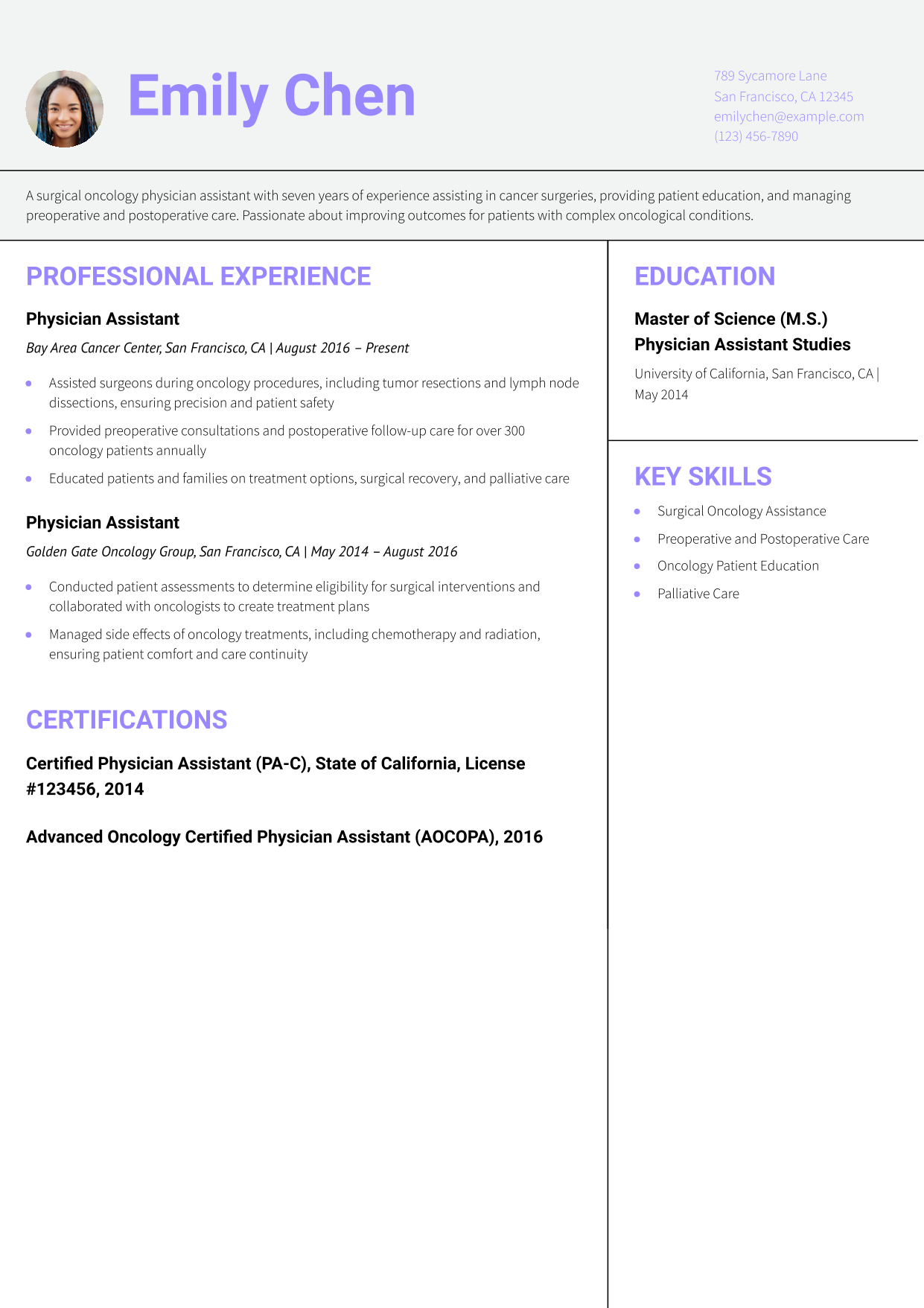 Surgical Oncology Physician Assistant Resume Example