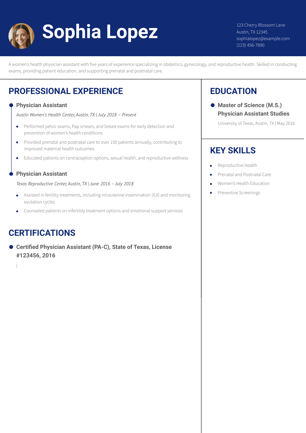 Women’s Health Physician Assistant Resume Example