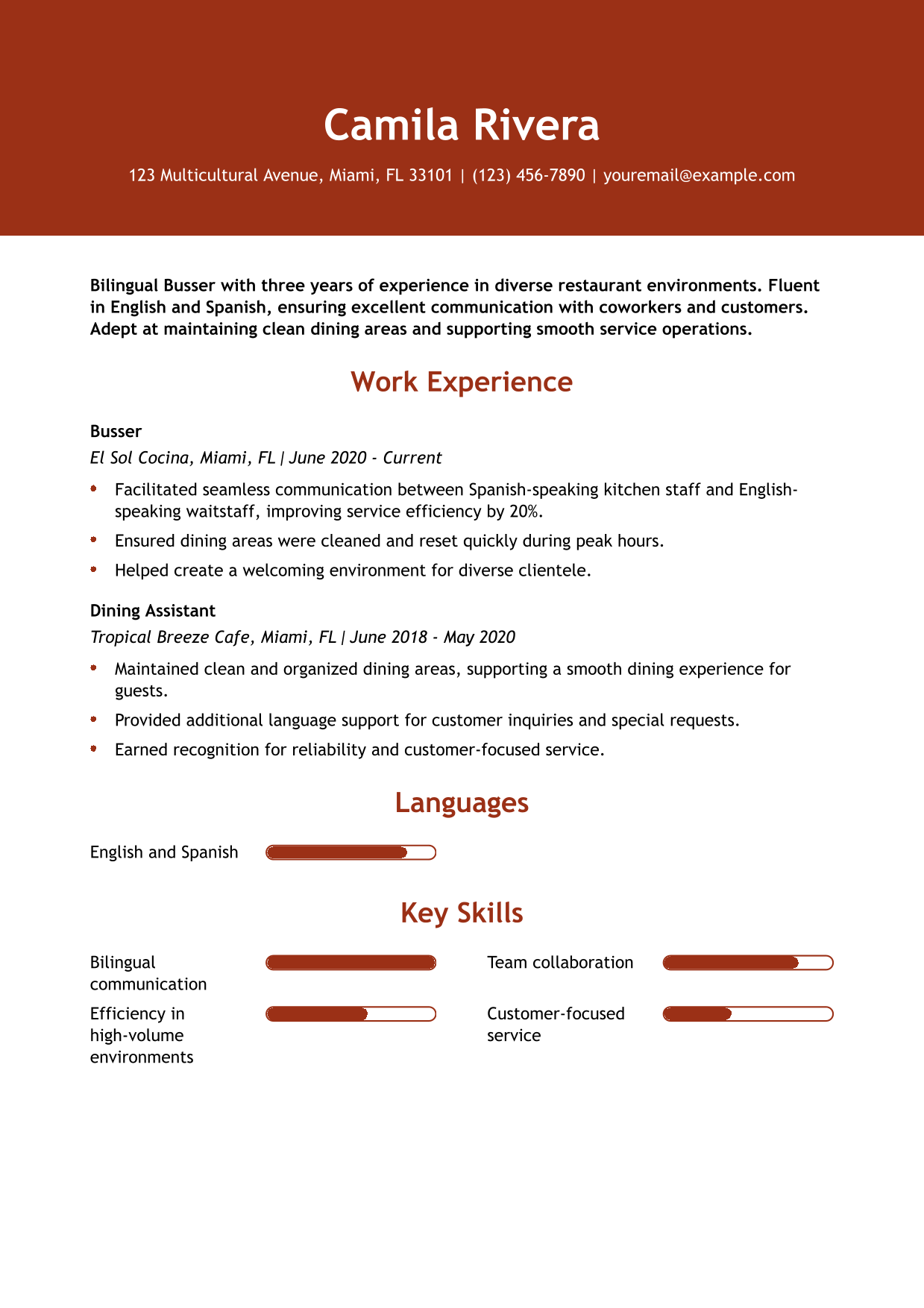 Bilingual Busser Resume Example