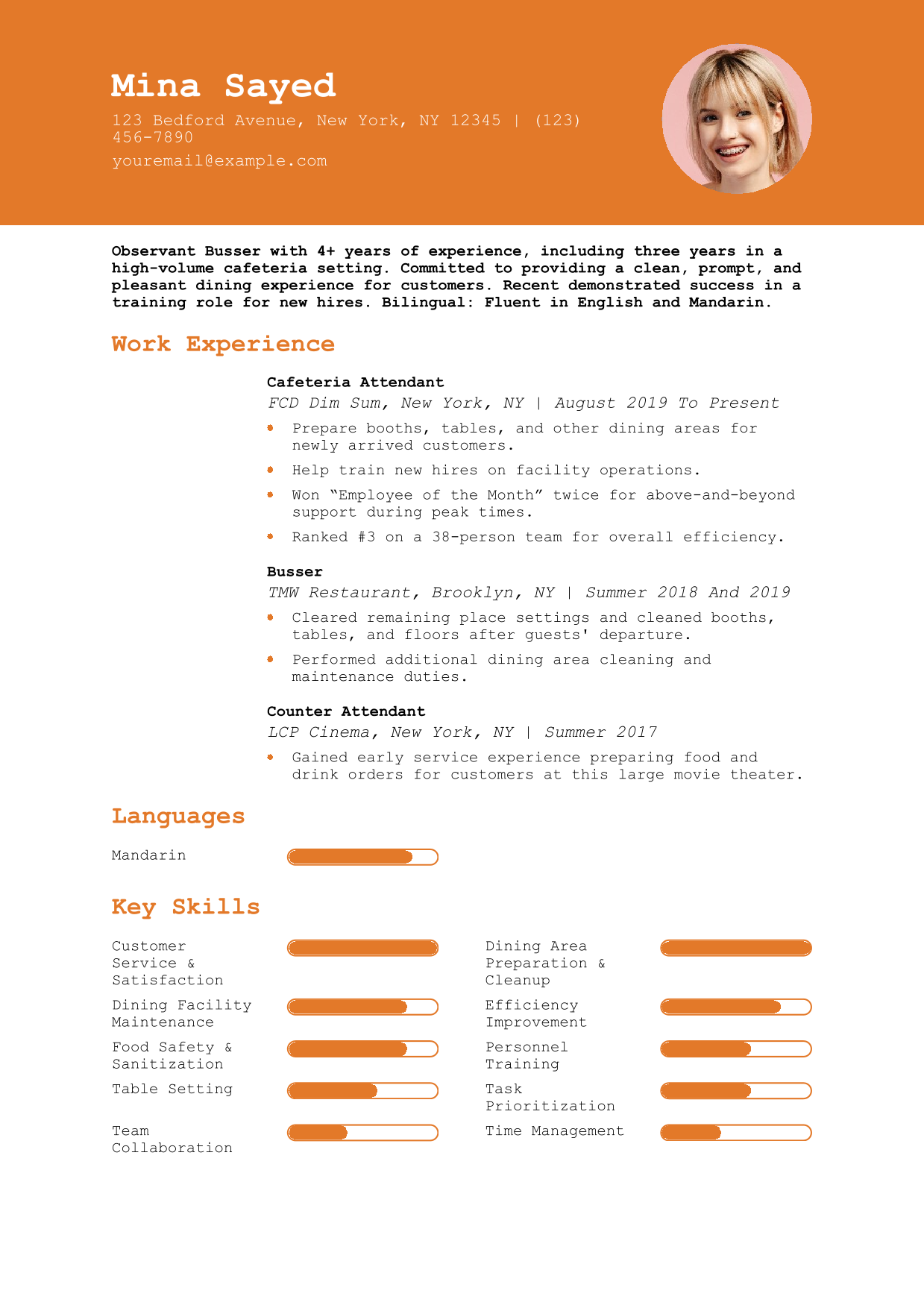 Cafeteria Busser Resume Example