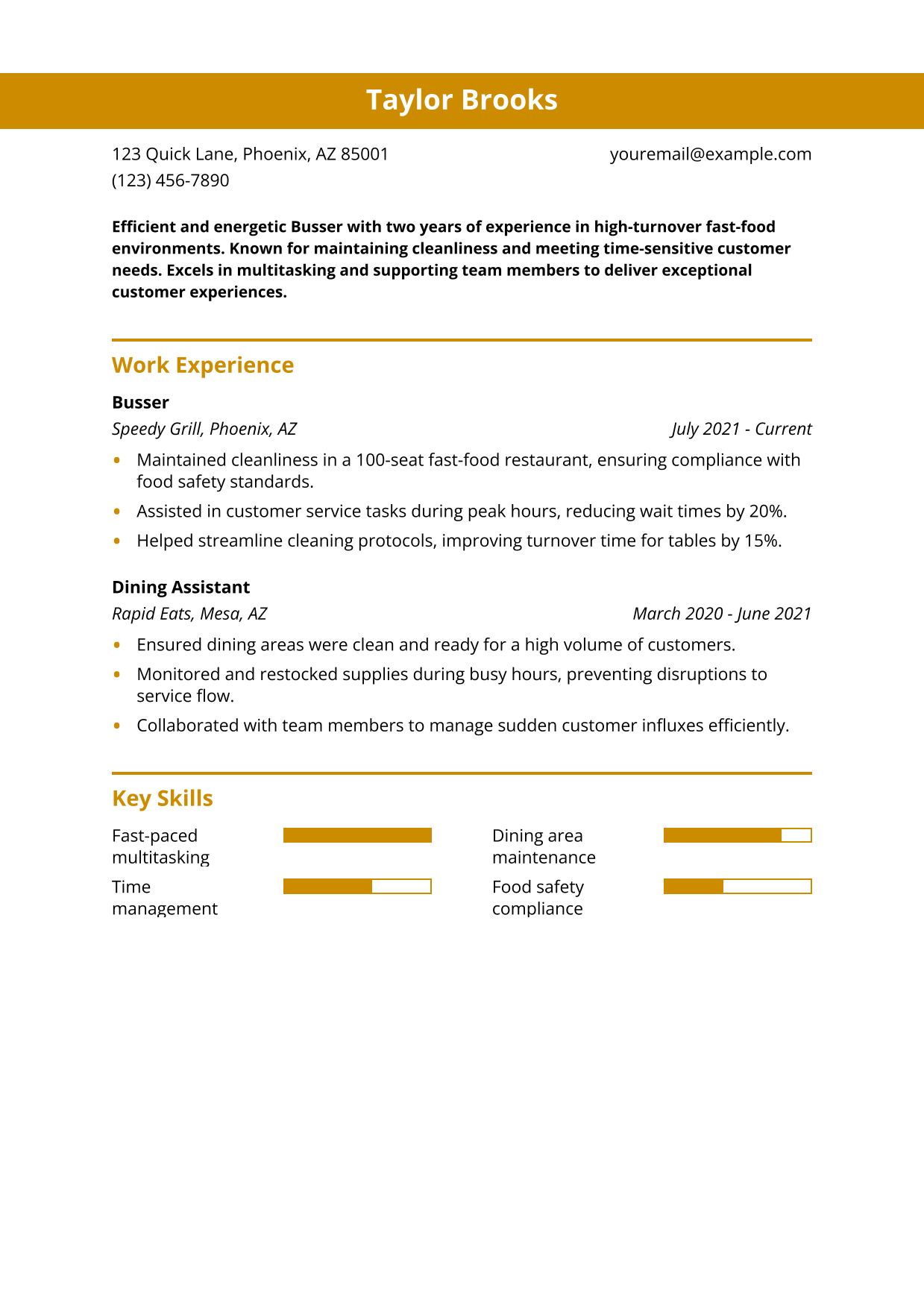 Fast-Food Busser Resume Example