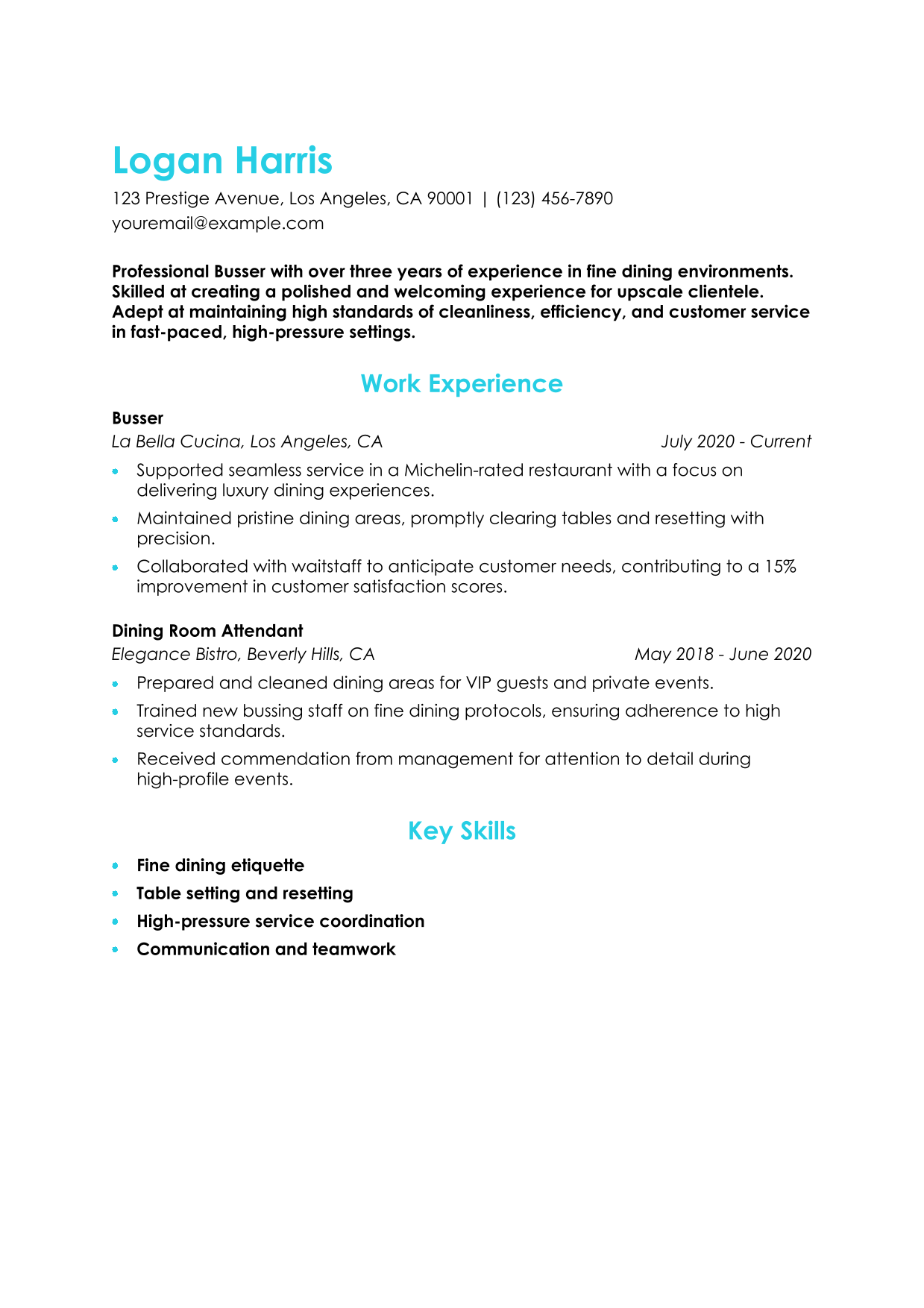Fine Dining Busser Resume Example