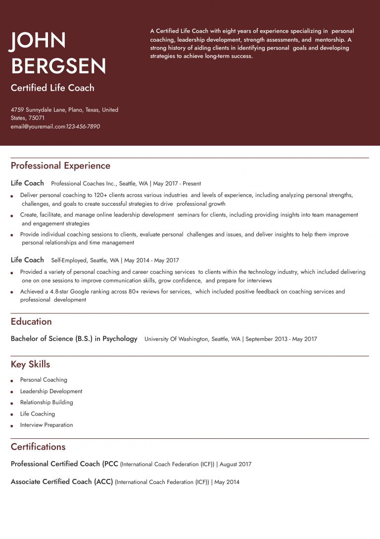 Life Coach Resume Examples and - Life Coach Mid Level 768x1087 