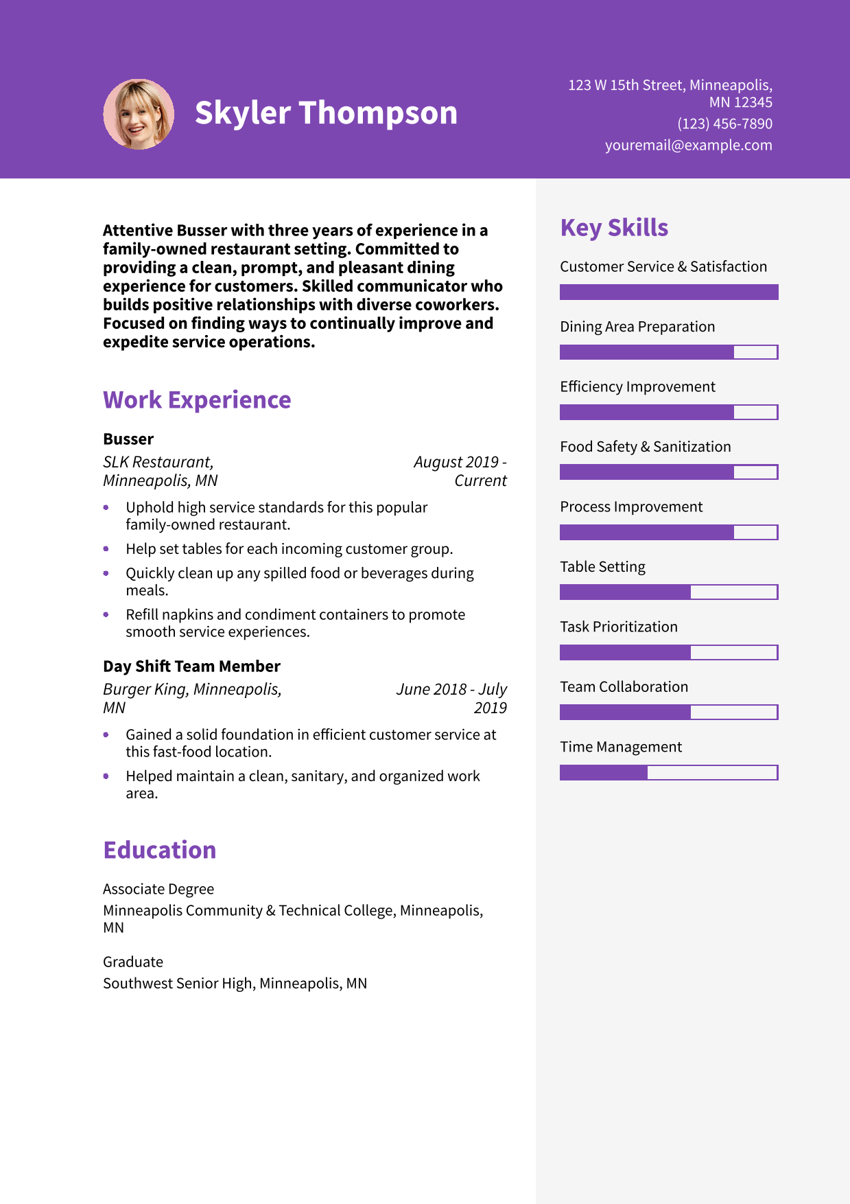Restaurant Busser Resume Example