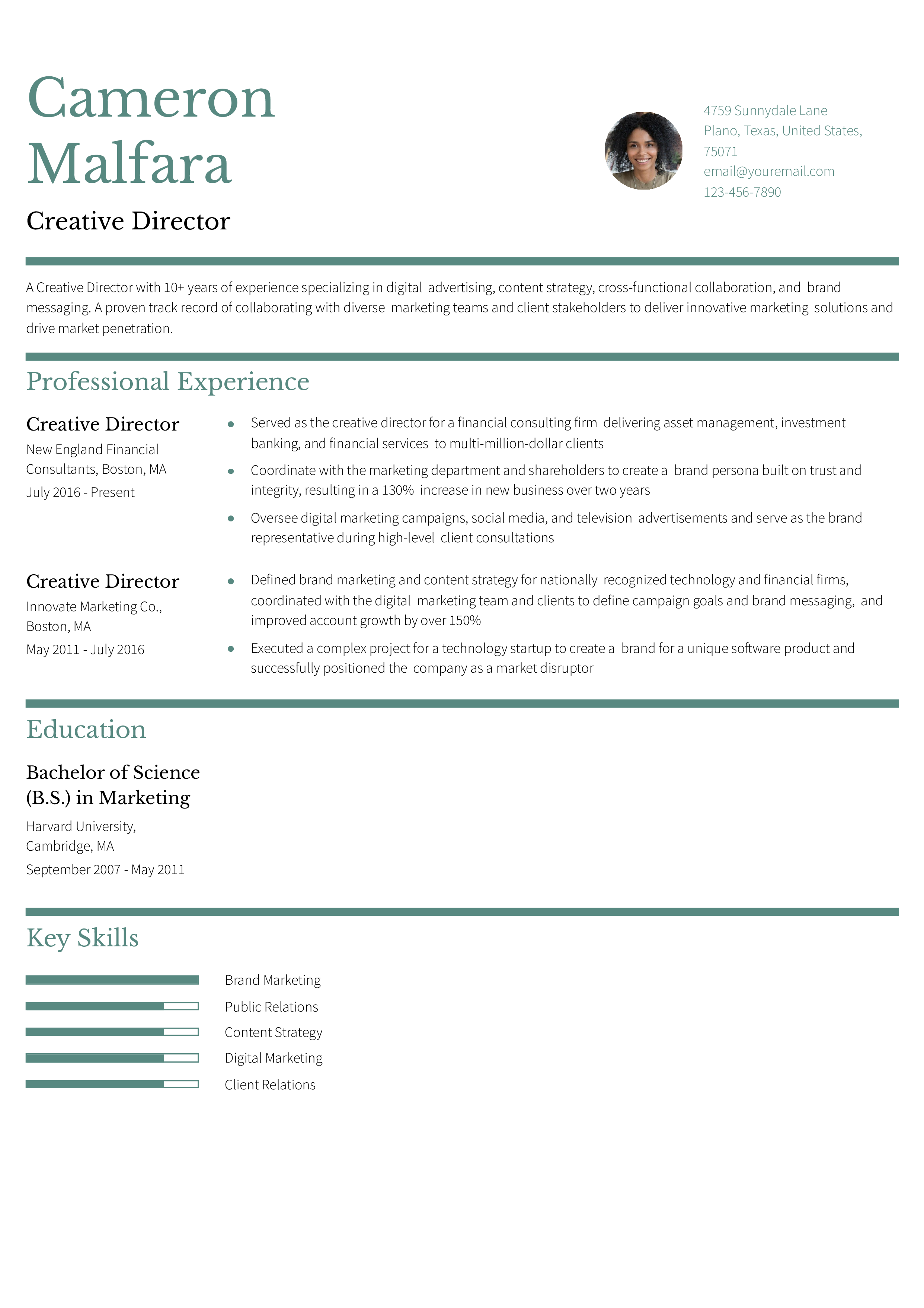 Marketing Creative Director Resume Example