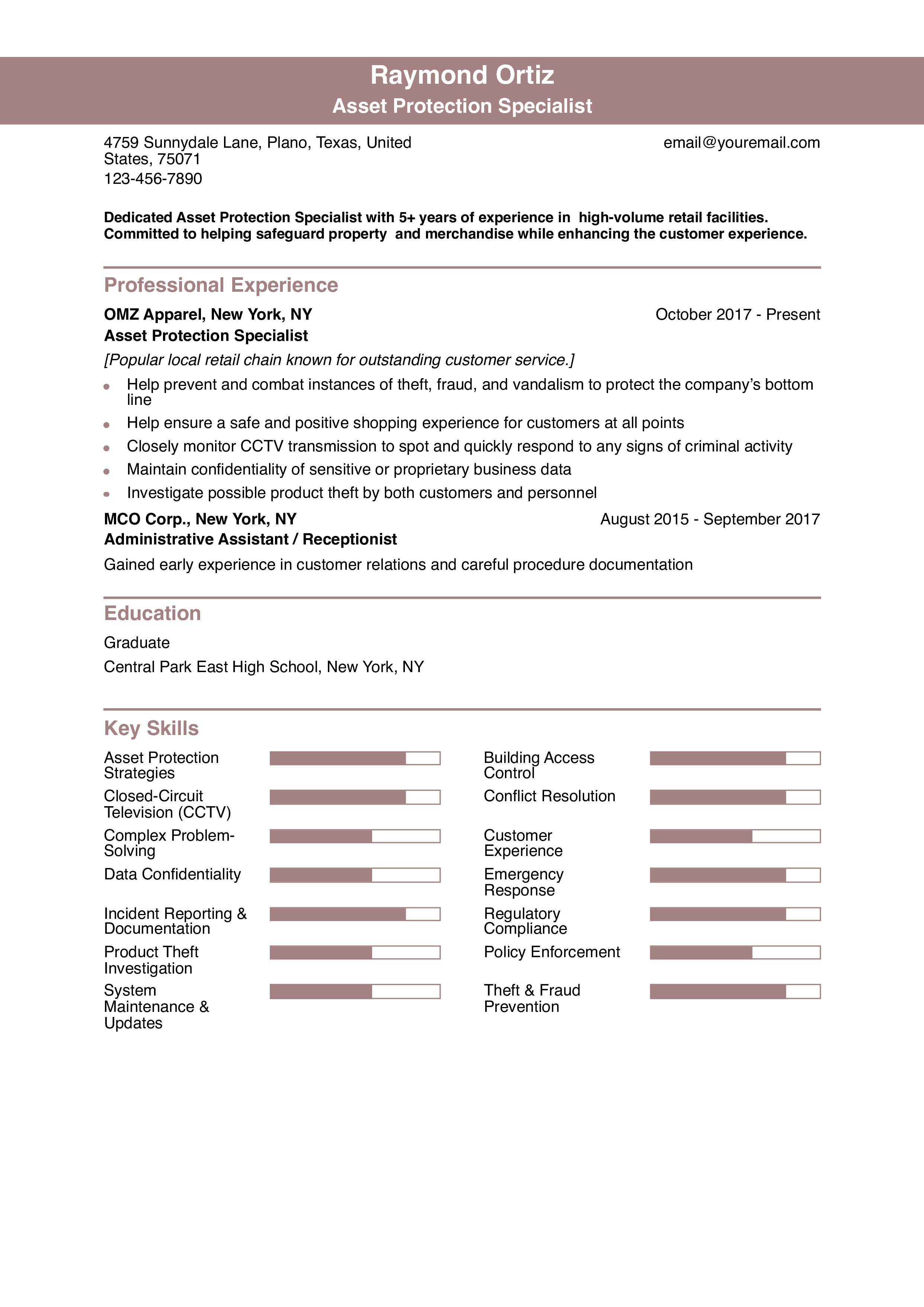 Asset Protection Specialist Resume Example