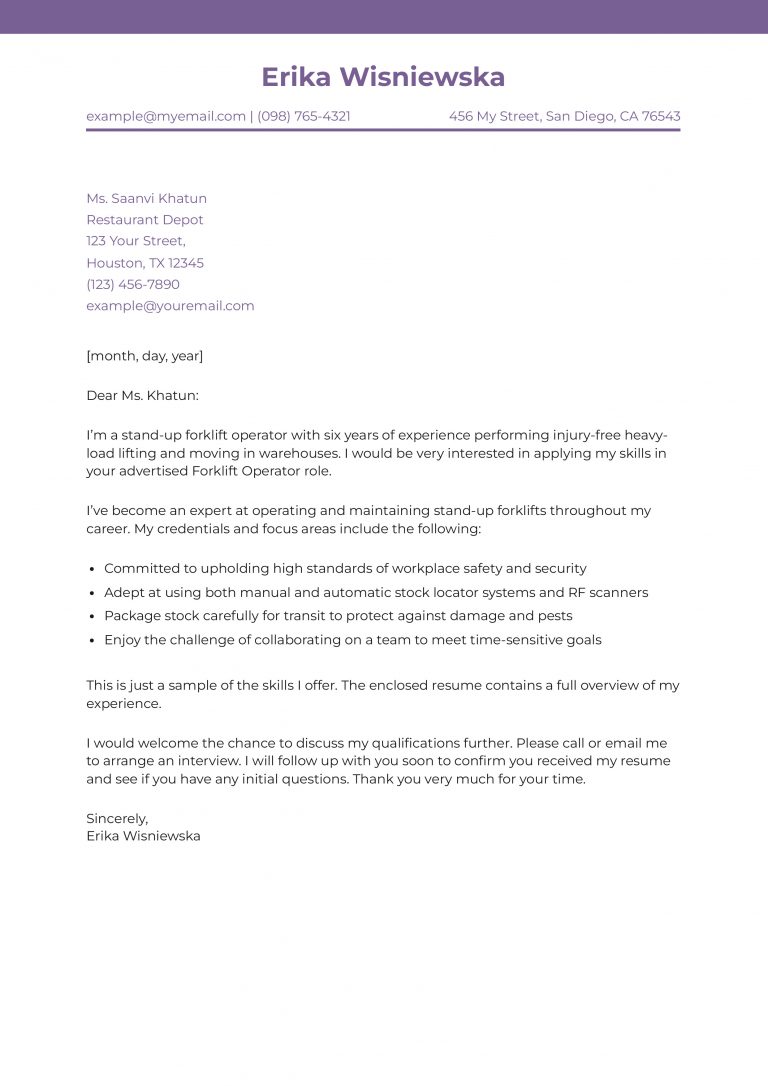 Forklift Operator Cover Letter Examples and Templates for 2026 ...