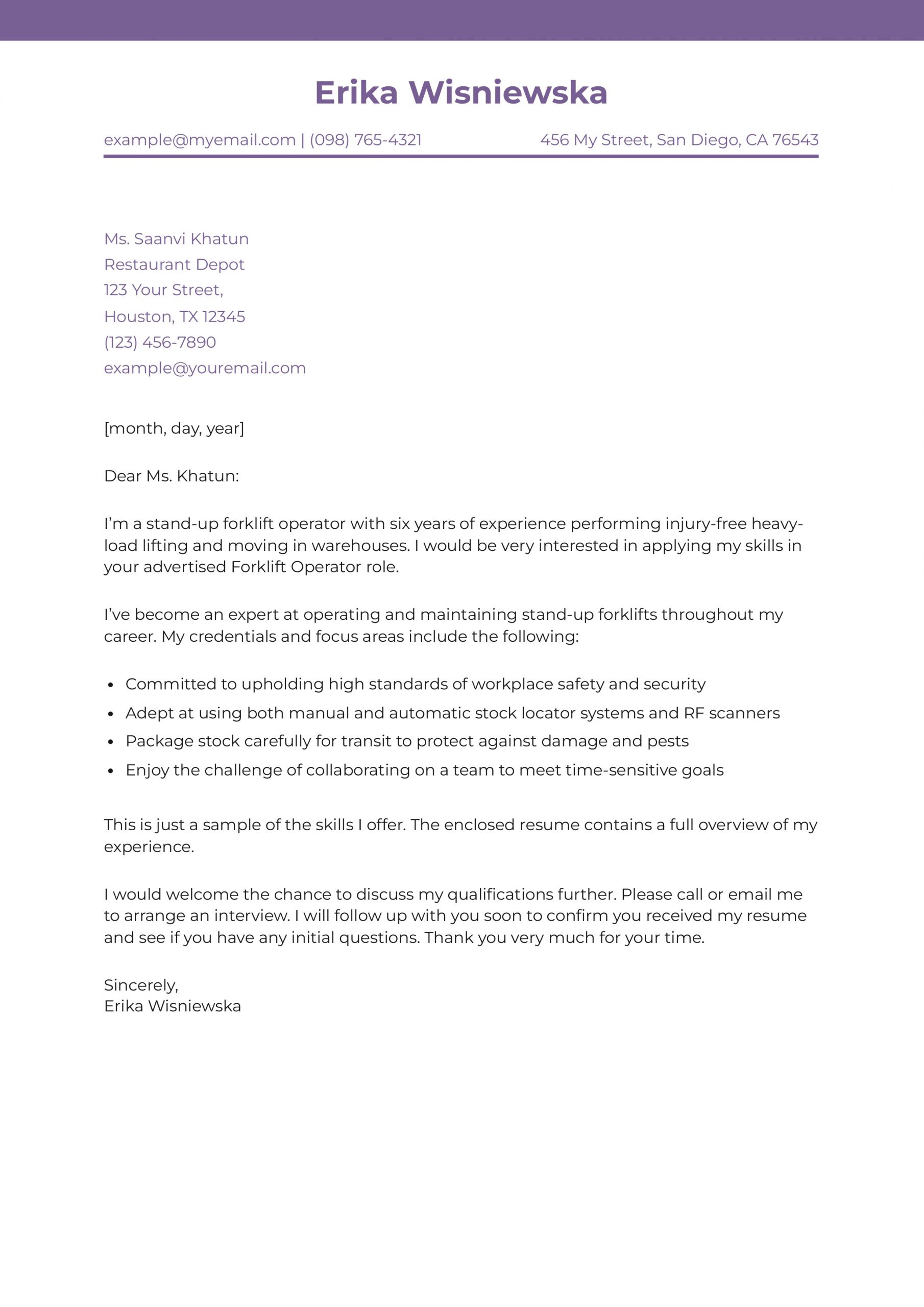 Forklift Operator Cover Letter Examples and Templates for 2025