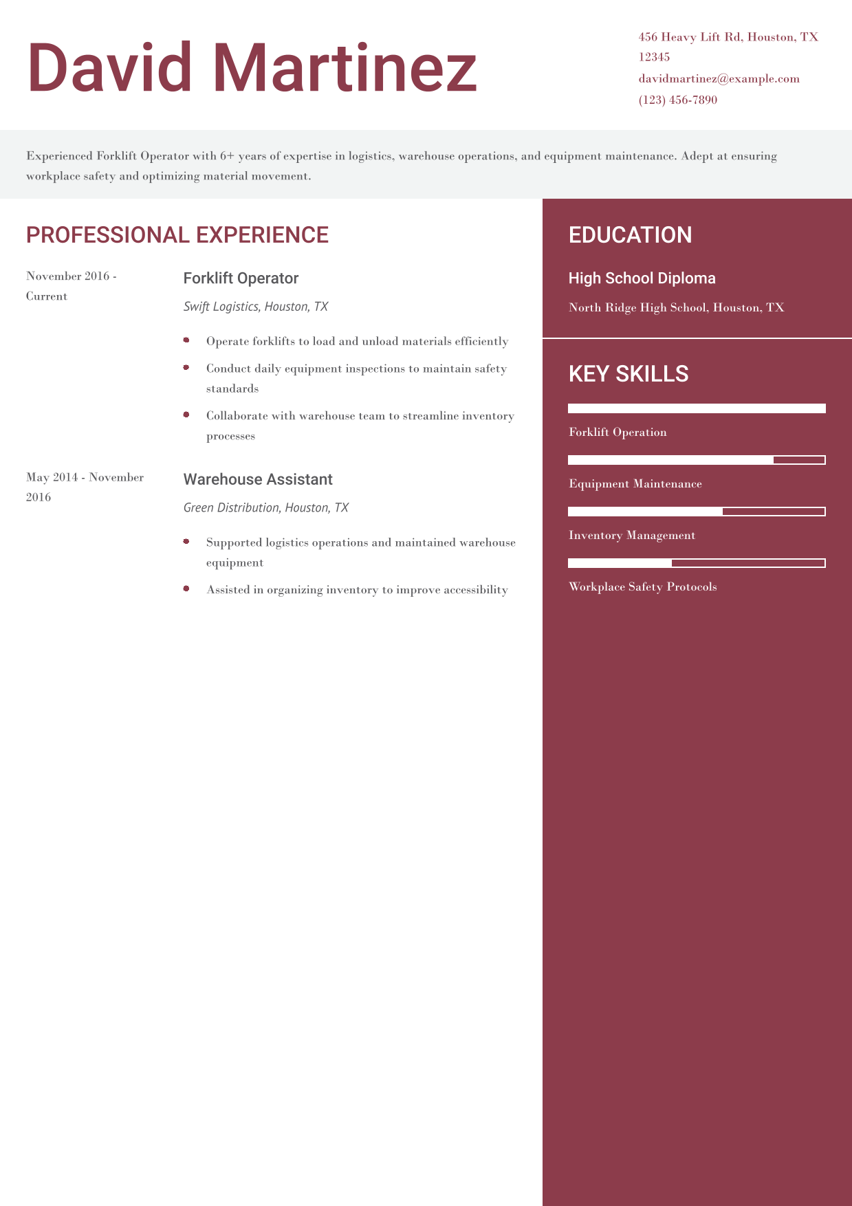 Forklift Operator Resume Example