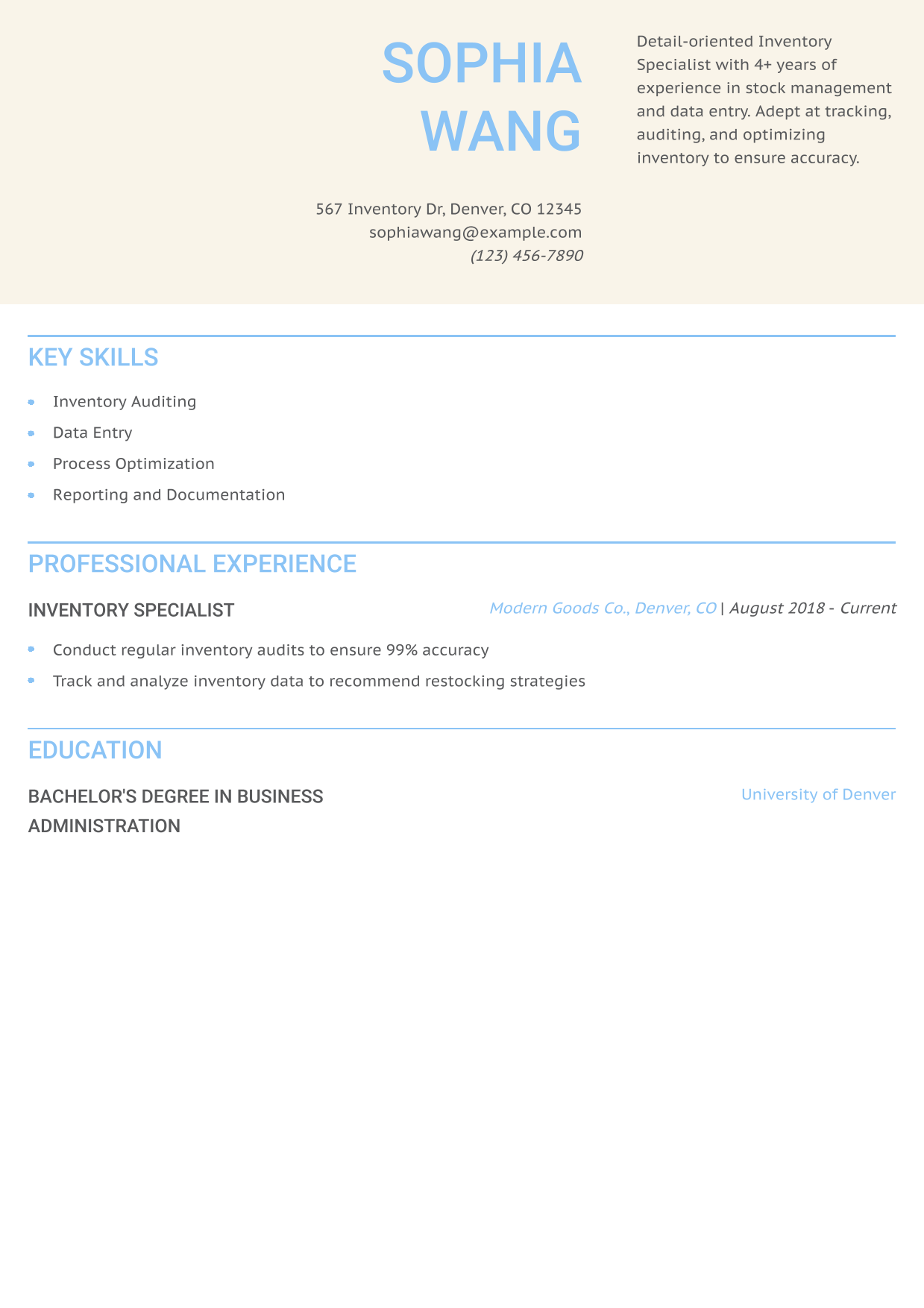 Inventory Specialist Resume Example