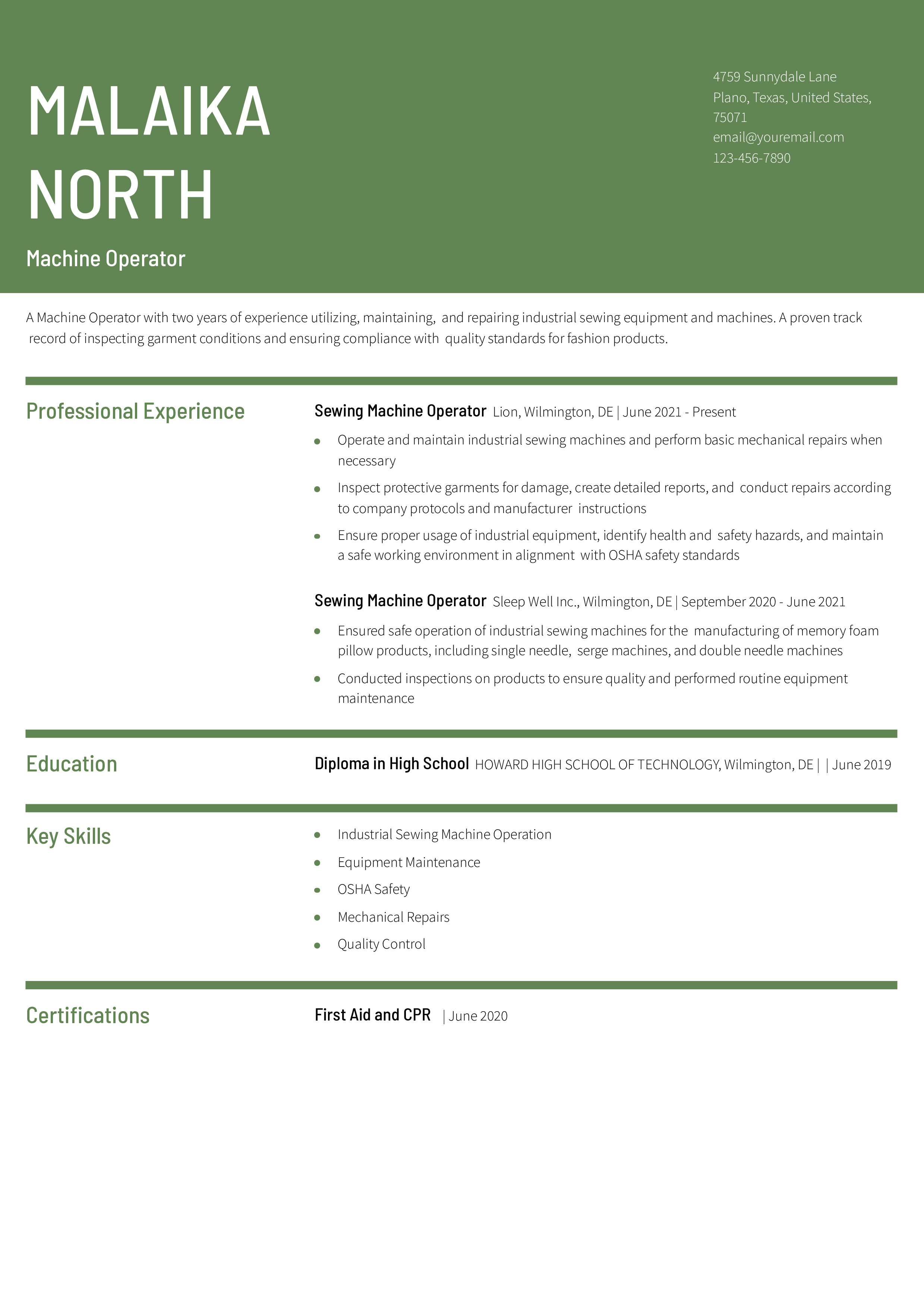 Machine Operator Resume Example