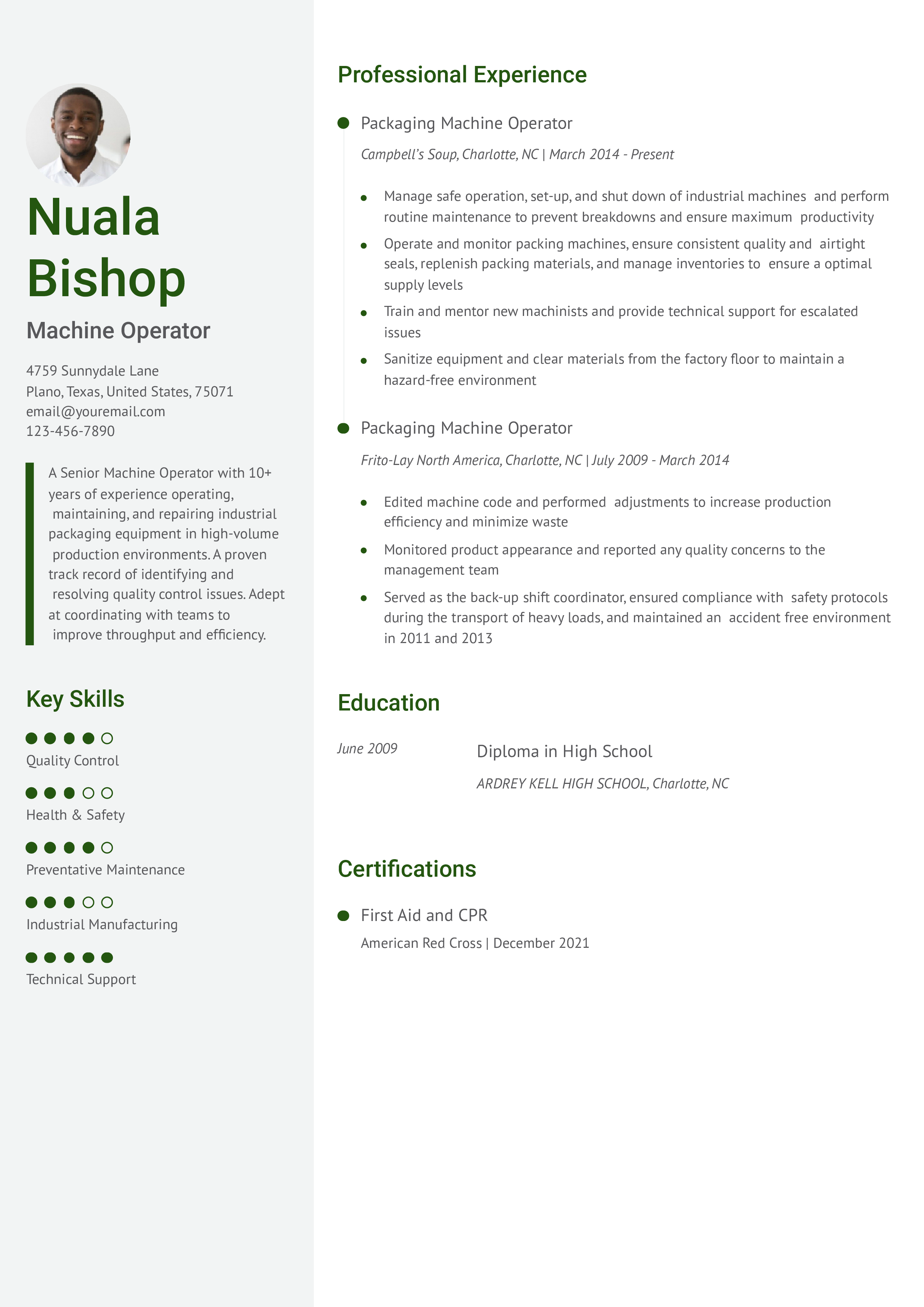 Senior Machine Operator Resume Example
