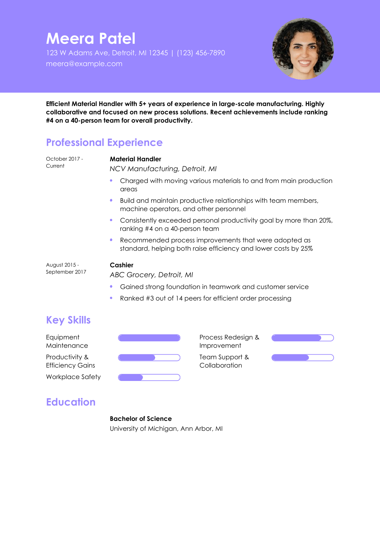 Manufacturing Efficiency and Collaboration Material Handler Resume Example