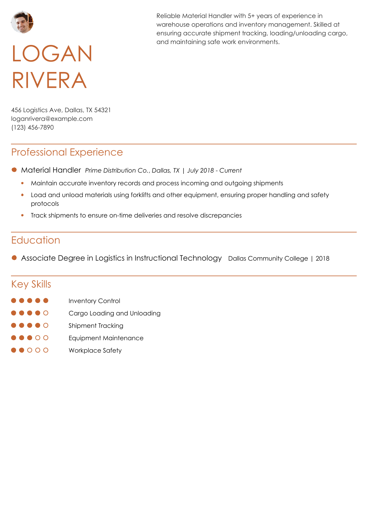Material Handler Resume Example