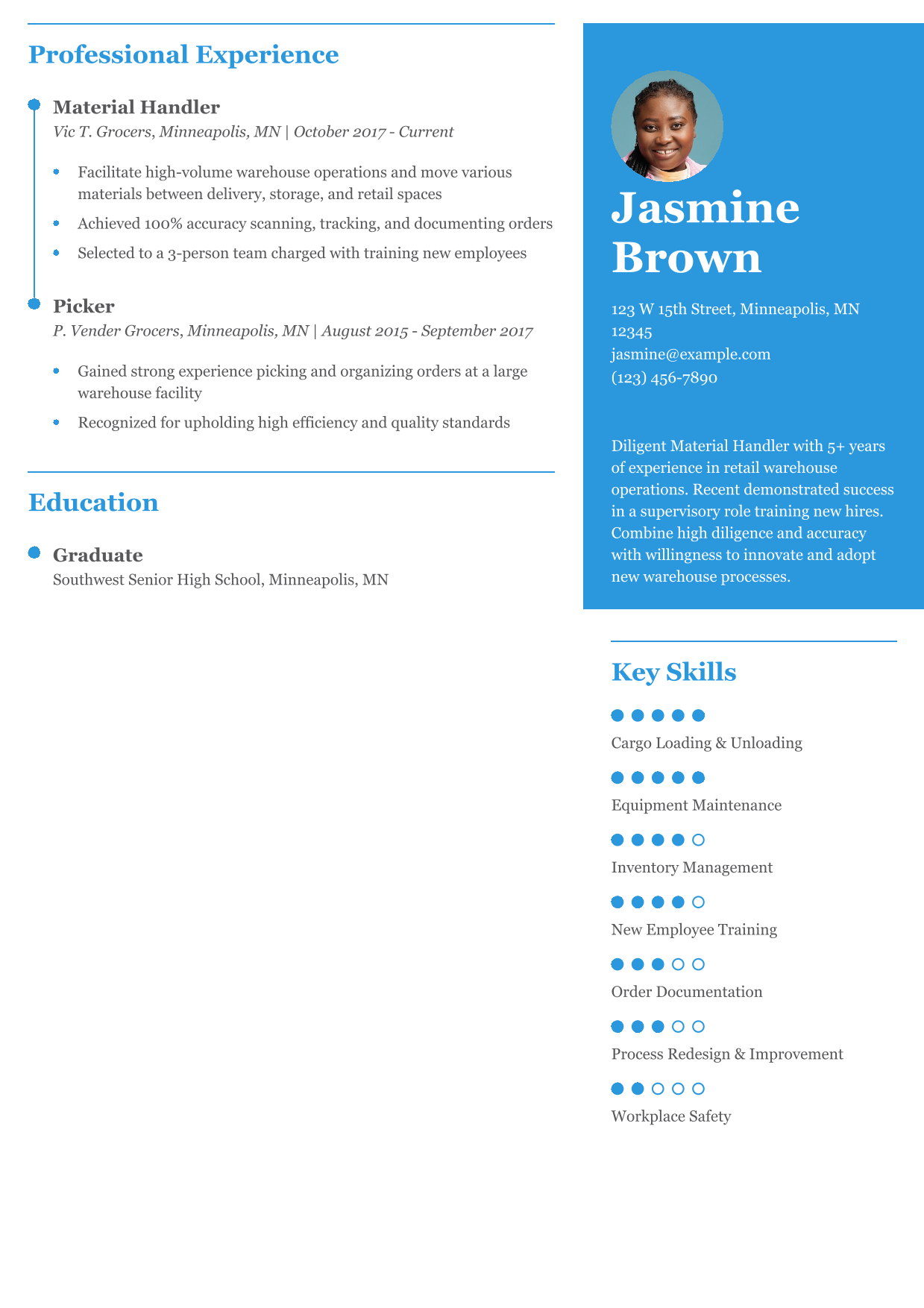 Retail Warehouse Operations Material Handler Resume Example