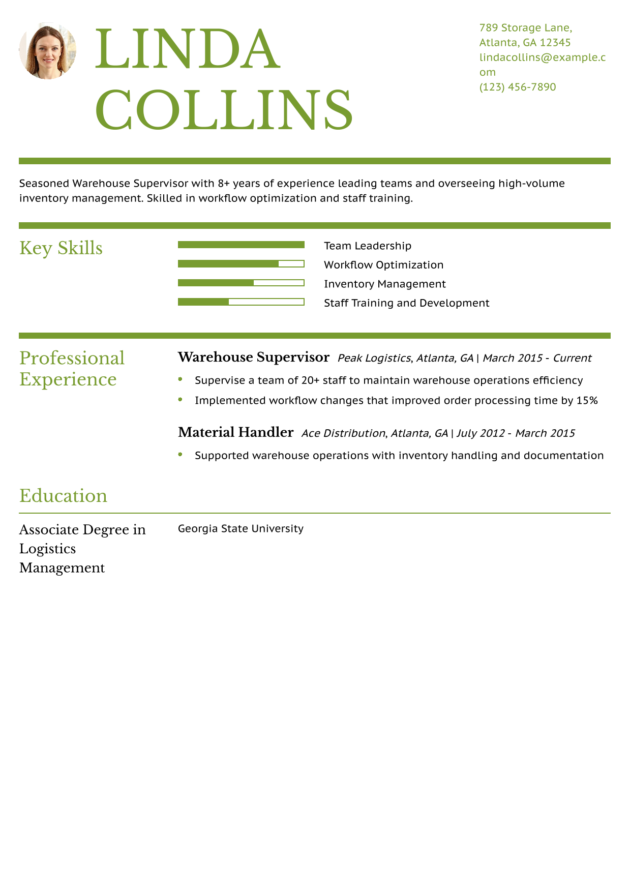 Warehouse Supervisor Resume Example