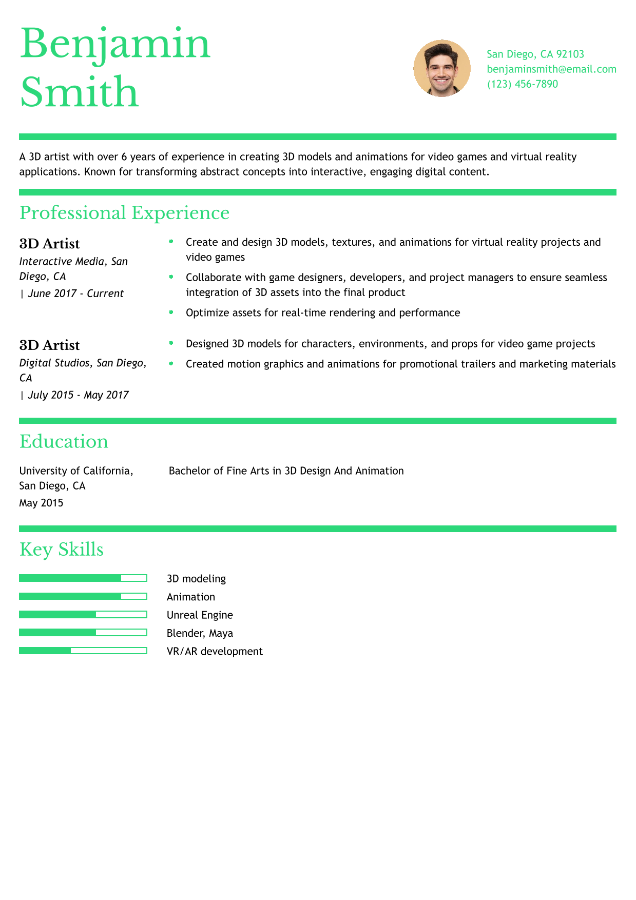 3D Artist Resume Example