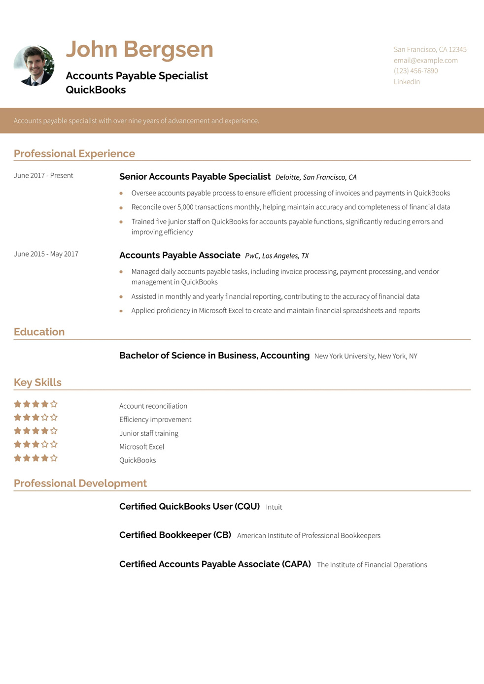 Accounts Payable Specialist QuickBooks Resume Example