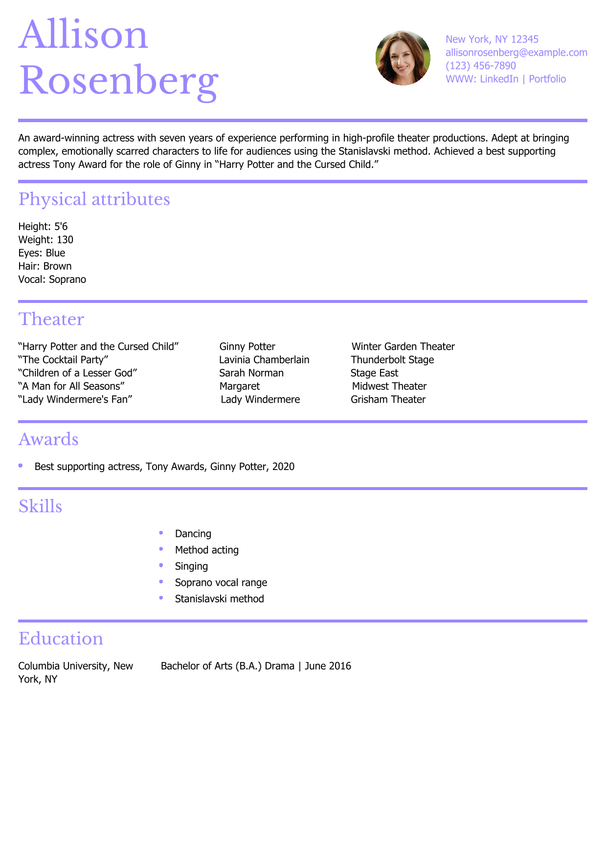 Stage Actress Resume