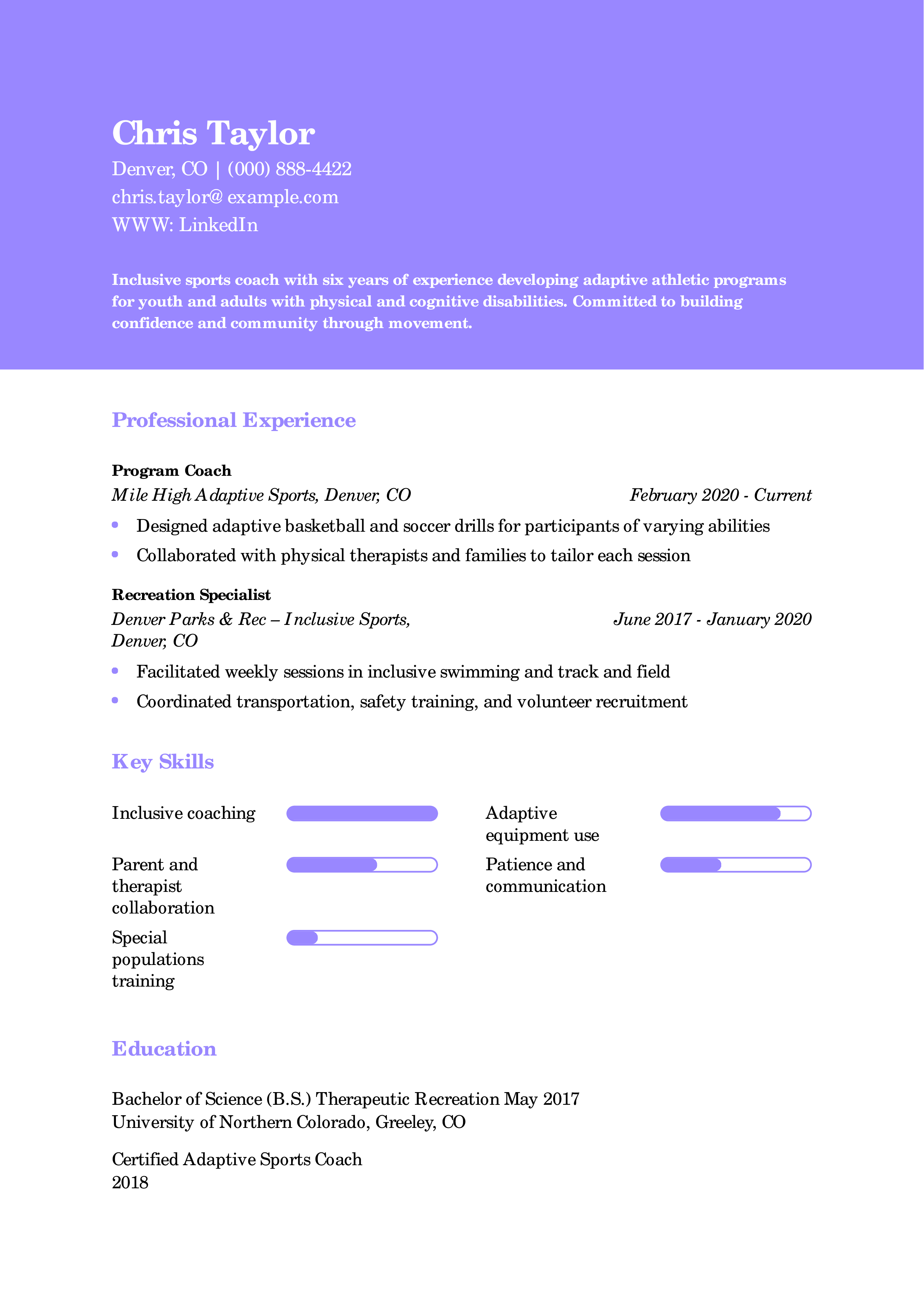 Adaptive Sports Coach Resume Example