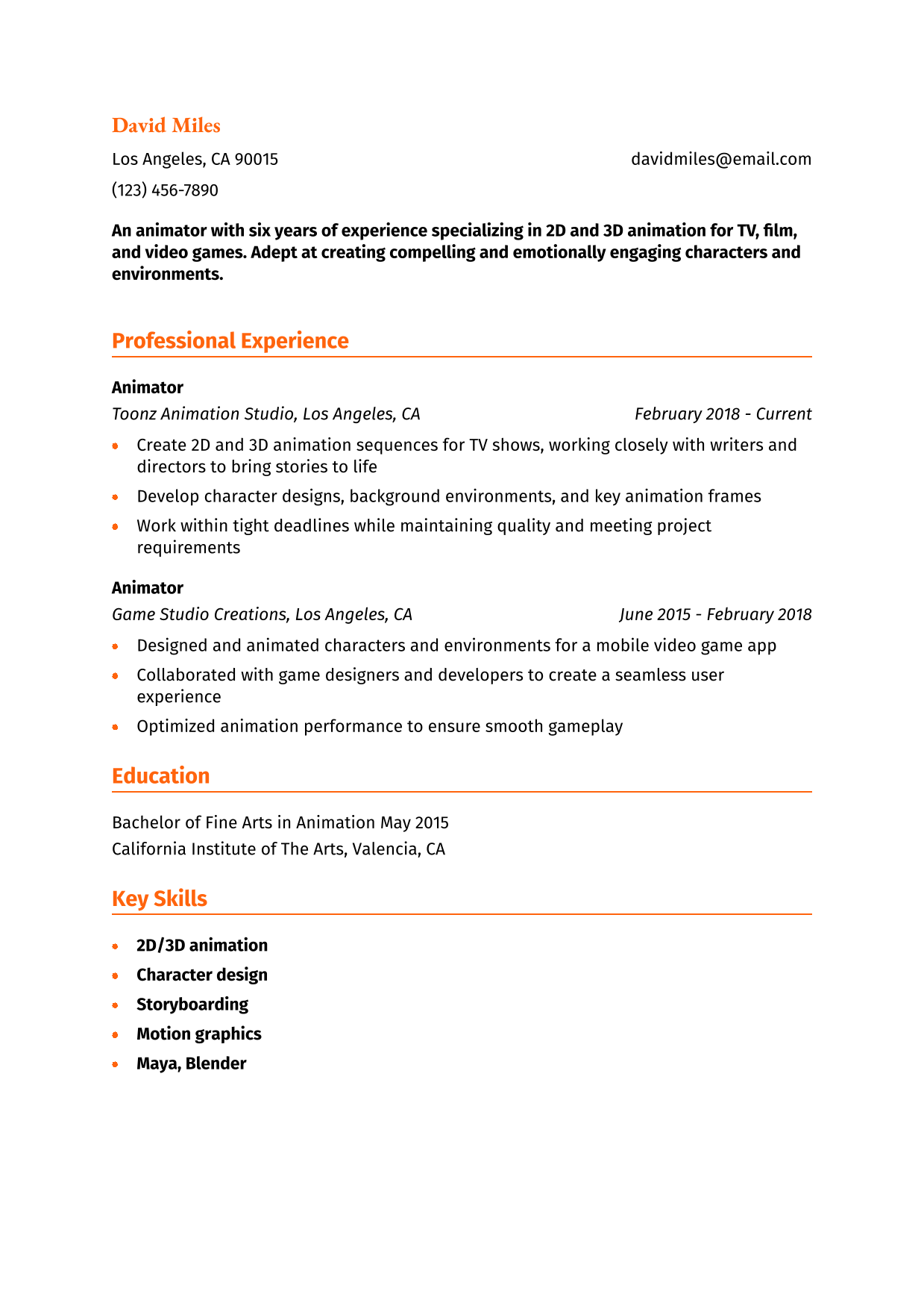 Animator Resume Example